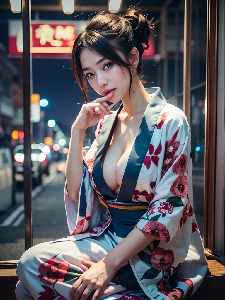 Nsfw, (8k、RAW Photos、top-quality、masterpiece:1.2)、(realisitic、Photorealsitic:1.37)、1人、japanes、25-years old、femele、(deep in the night)、Moon Night、a room、cityscape visible from window、High-key lighting、Studio Lighting、face lights、photon maping、Radio City、(full bodyesbian)、Dark brown hair、详细的脸、Detailed lips、detailedeyes、More skin、二重まぶた、(huge-breasted:1.5)、(kimono、jpn)、(Kimono with Japanese pattern)、(Wearing a kimono)、no bra、(no panty)、Exposed cleavage、exposed shoulder、(cammel toe)、perfectbody、shinny skin、(dynamicposes)、Make eye contact with the camera, smile, big breast,