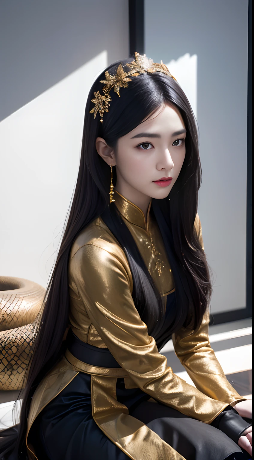 32K(tmasterpiece,k hd,hyper HD,32K)Long flowing black hair,ponds,zydink, a color, Asian people (Silly girl), (Silk scarf), Combat posture, looking at the ground, long whitr hair, Floating hair, Python headdress, Chinese long-sleeved clothing, (abstract ink splash:1.2), white backgrounid,Lotus protector(realisticlying:1.4),Black color hair,Snowflakes fluttering,The background is pure, A high resolution, the detail, RAW photogr, Sharp Re, Nikon D850 Film Stock Photo by Jefferies Lee 4 Kodak Portra 400 Camera F1.6 shots, Rich colors, ultra-realistic vivid textures, Dramatic lighting, Unreal Engine Art Station Trend, cinestir 800,Long flowing black hair