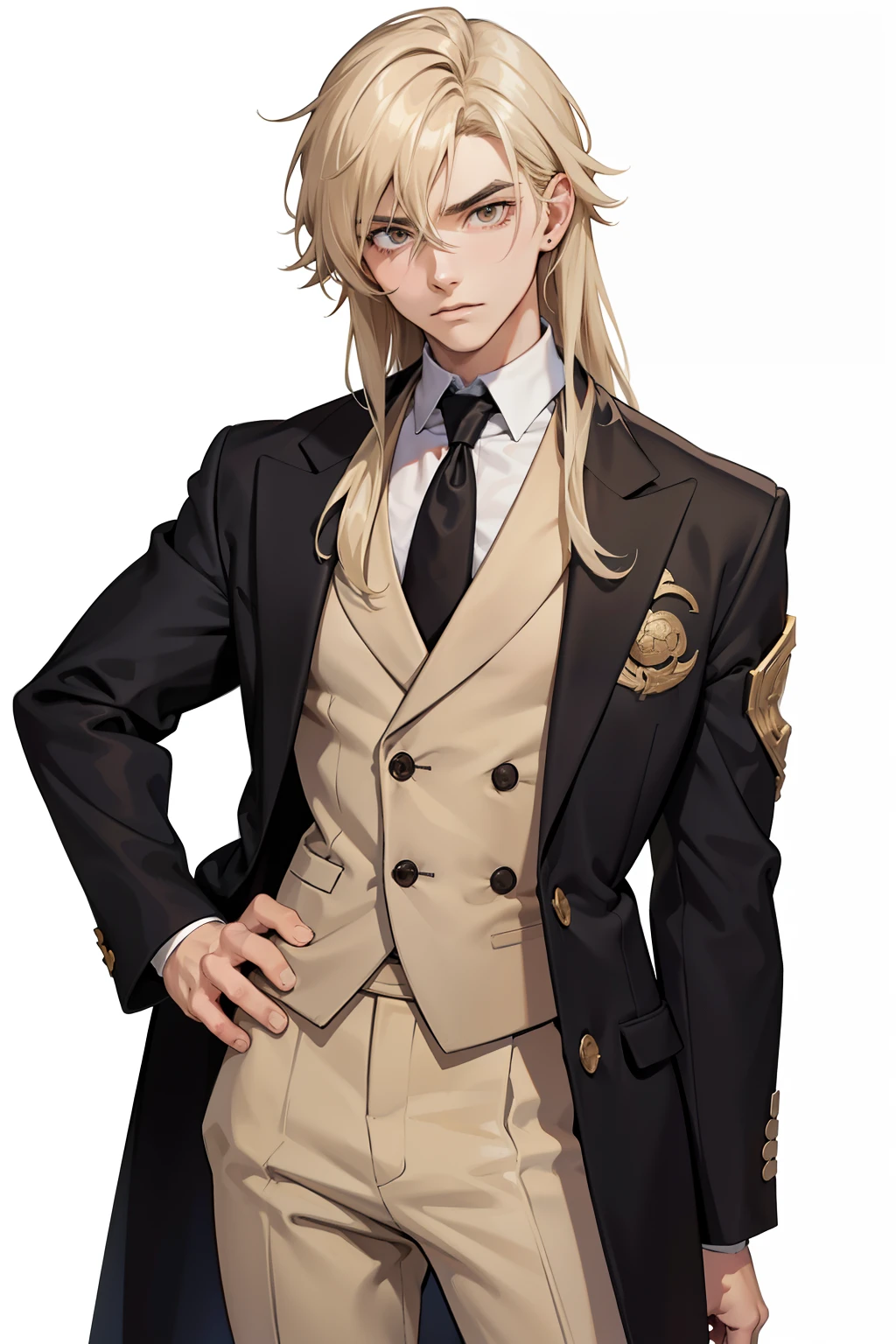 (((Gender neutral))), anime style, from front, cowboy shot, Portrait of a man in his 20s, Man's, 28 years old, Standing, Hands down, ((Beige three-piece suit)), ((hair between eye)), Long side hair, long bangs, ((Looking at the viewer)), hair messy, shoulder length hair, Beige hair, pale skin, dark brown eyes, mysterious, a gloomy, Game Graphics, White background