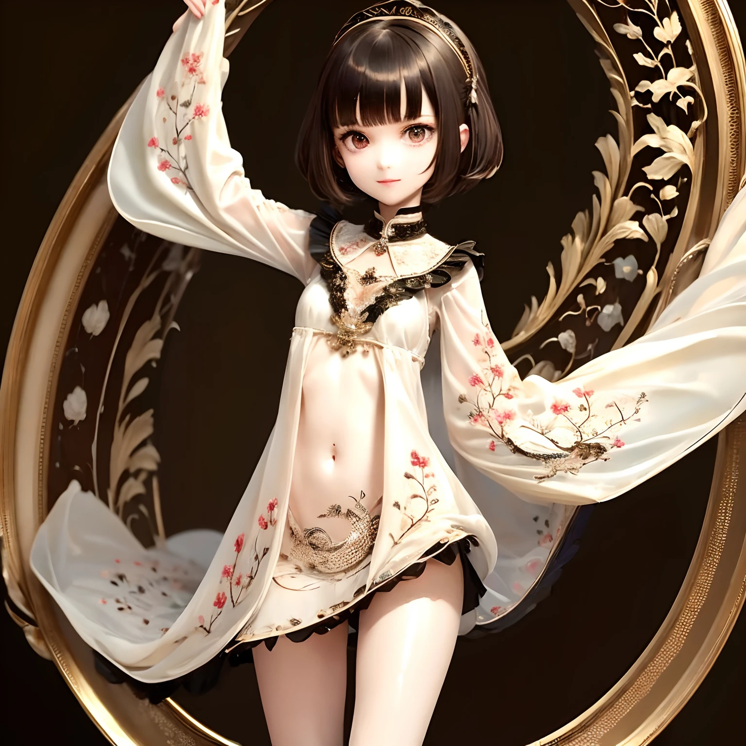 (masterpiece:1.3),(best quality:1.4),ultra high res,(detailed eyes),(detailed facial features),(detailed clothes features),HDR,8k resolution, solo focus, bangs, skin tight, (shiny skin),(slender girl),dreamlike,
(extreme detailed illustration),check commentary,commentary request,scenery,no text,
VirtualGirl-Rin, happy, smile, (small breasts), bangs, bob hair, short hair, brown hair, brown eyes, black choker,
1girl, (solo),
sexy Maid, Maid hair band,Maid dress,Maid apron,Maid skirt,Maid stockings,black leather shoes,