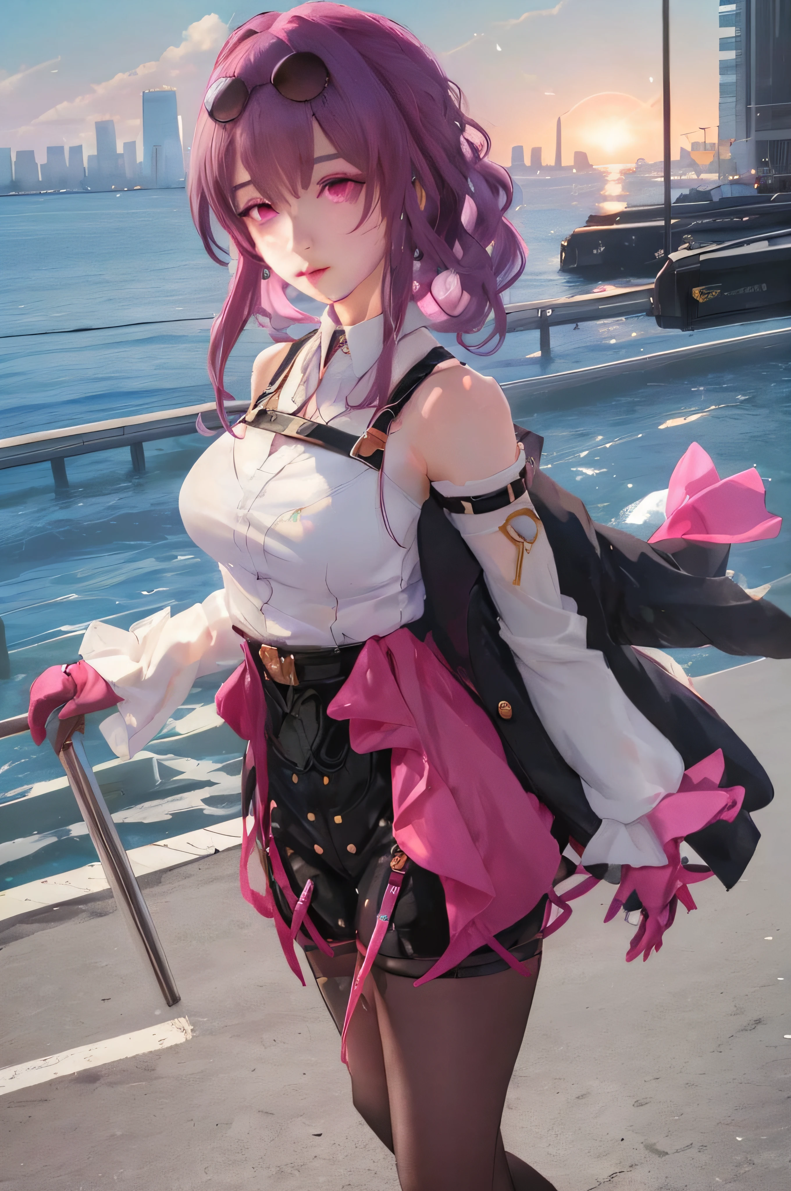 anime girl with purple hair and a pink top and black shorts, guweiz, artwork in the style of guweiz, ayaka genshin impact, guweiz on pixiv artstation, best anime 4k konachan wallpaper, guweiz on artstation pixiv, anime style 4 k, badass anime 8 k, guweiz masterpiece