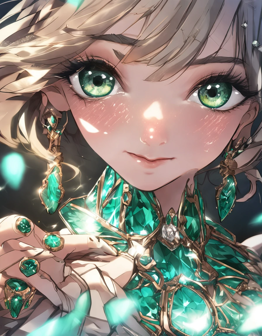 A very close up photo, face, a beautiful girl with emeralds in her eyes, diamond hair, perfect skin, ((symmetrical)), gleaming eyes, seductive gaze, a lots of gems