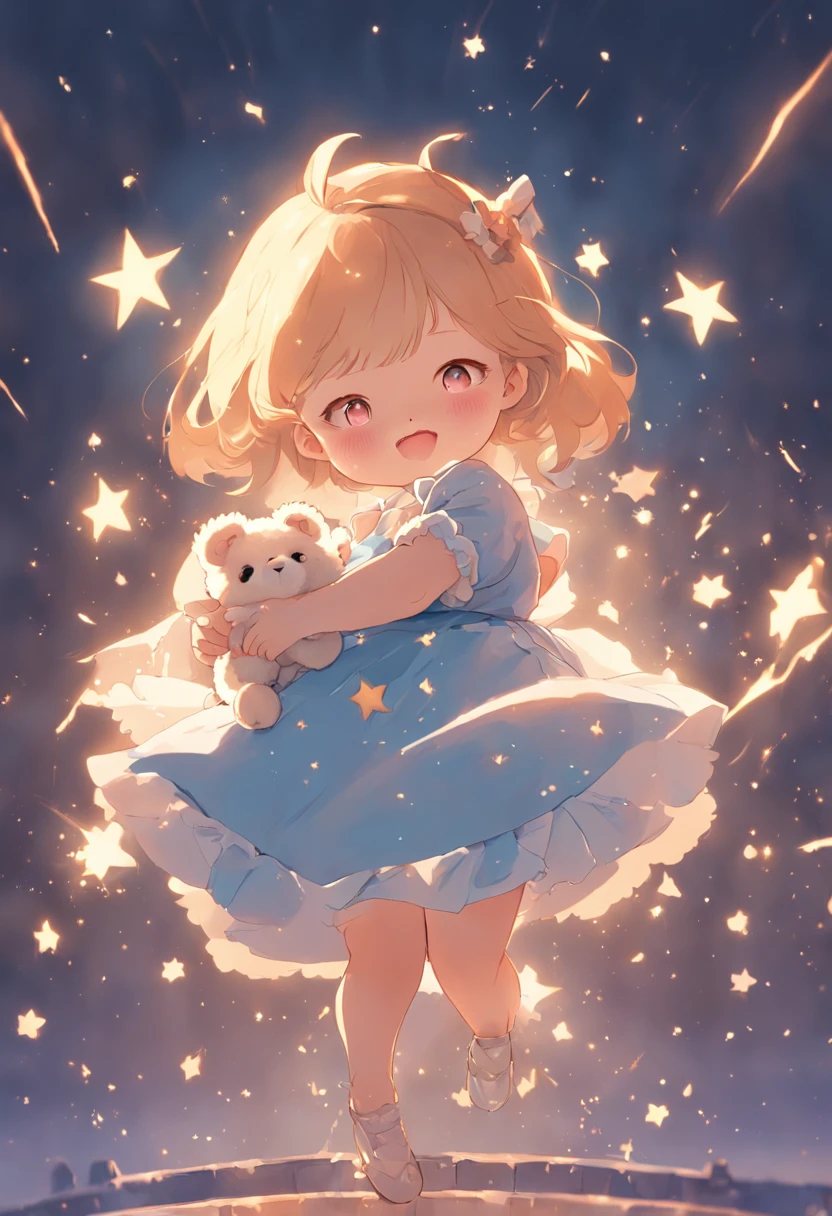 Stars shine，Colorful，Lolita style clothing，Cartoony，Chubby little girl，Holding a bear cub doll，Clumsy jumps，Cute and cute，KIDS ILLUSTRATION，Glow effects，Dingdall effect，depth of fields，high light，Real light，Ray traching，oc rendered，Hyper-realistic，best qualtiy，8K，Works of masters，super-fine，Detailed pubic hair，Correct anatomy，sharp focus on eyes，Bokeh，Facial features are carefully depicted