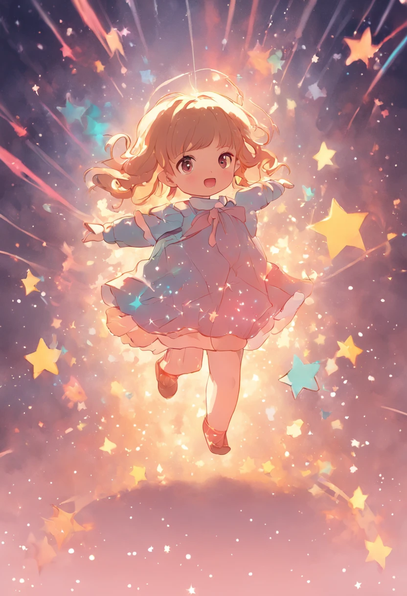 Stars shine，Colorful，Lolita style clothing，Cartoony，Chubby little girl，Holding a bear cub doll，Clumsy jumps，Cute and cute，KIDS ILLUSTRATION，Glow effects，Dingdall effect，depth of fields，high light，Real light，Ray traching，oc rendered，Hyper-realistic，best qualtiy，8K，Works of masters，super-fine，Detailed pubic hair，Correct anatomy，sharp focus on eyes，Bokeh，Facial features are carefully depicted