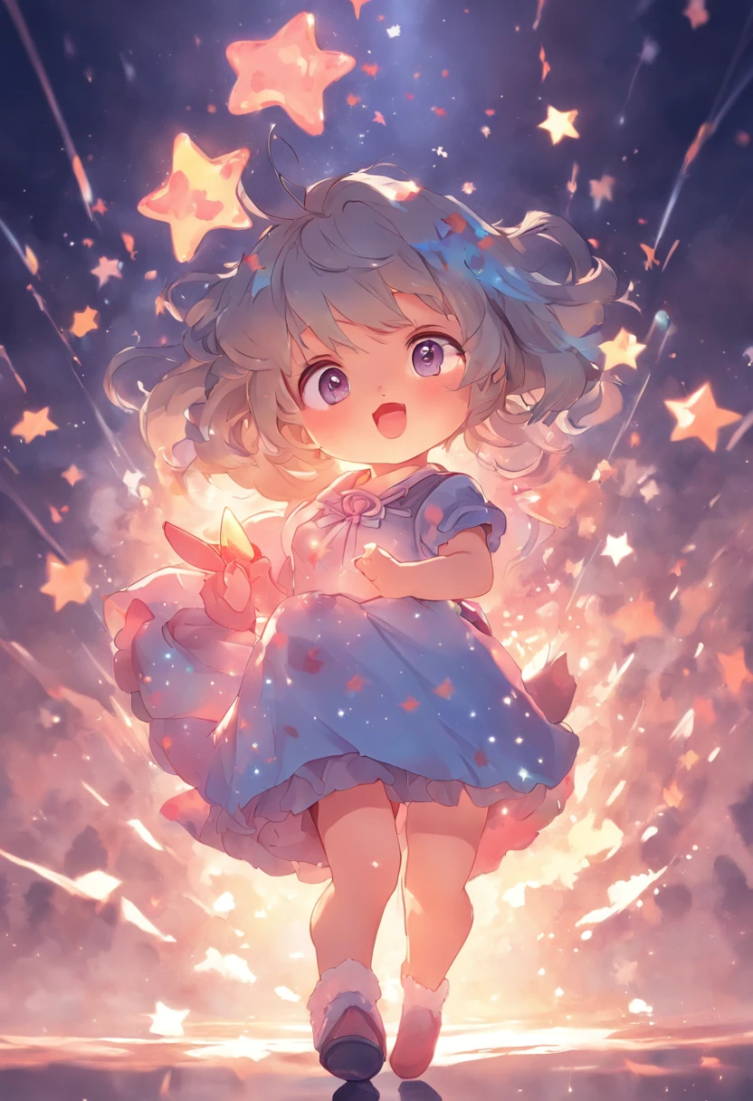 Stars shine，Colorful，Lolita style clothing，Cartoony，Chubby little girl，Holding a bear cub doll，Clumsy jumps，Cute and cute，KIDS ILLUSTRATION，Glow effects，Dingdall effect，depth of fields，high light，Real light，Ray traching，oc rendered，Hyper-realistic，best qualtiy，8K，Works of masters，super-fine，Detailed pubic hair，Correct anatomy，sharp focus on eyes，Bokeh，Facial features are carefully depicted