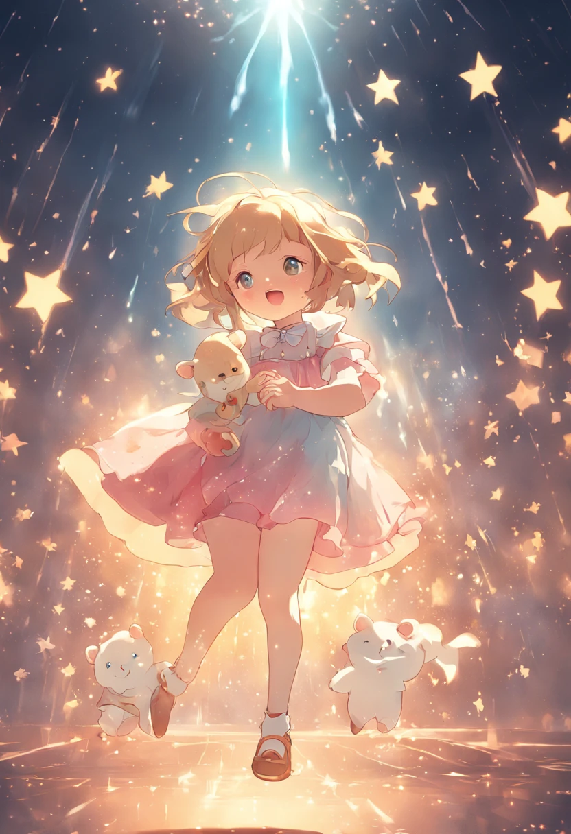 Stars shine，Colorful，Lolita style clothing，Cartoony，Chubby little girl，Holding a bear cub doll，Clumsy jumps，Cute and cute，KIDS ILLUSTRATION，Glow effects，Dingdall effect，depth of fields，high light，Real light，Ray traching，oc rendered，Hyper-realistic，best qualtiy，8K，Works of masters，super-fine，Detailed pubic hair，Correct anatomy，sharp focus on eyes，Bokeh，Facial features are carefully depicted