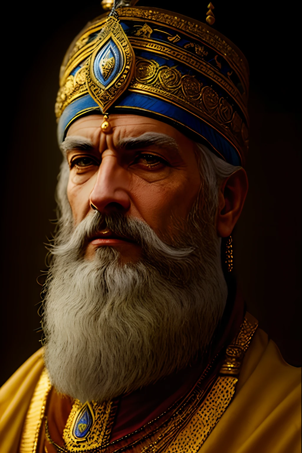 um close up de um homem com barba e coroa de ouro, Iconic character of high detail, grande rei de stovokor, Velho Rei Medieval, Mogul Khan, retrato do imperador da humanidade, retrato do velho rei medieval, inspirado em Altoon Sultan, retrato de um velho rei medieval, Directed by: Nikola Avramov, Por Andrei Riabovitchev