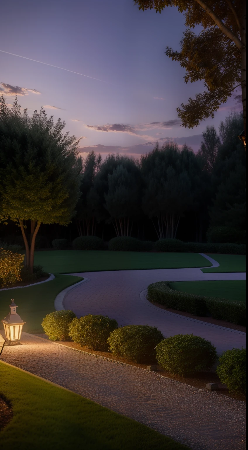 tmasterpiece,super detailing,best qualtiy,Perfectcomposition,A high resolution,natural soft light,Photographic realism style,SLR shooting effect,8K,Suburban holiday villa,the woods,trpical garden,Purple myrtle,Dusk and sunset,light wind