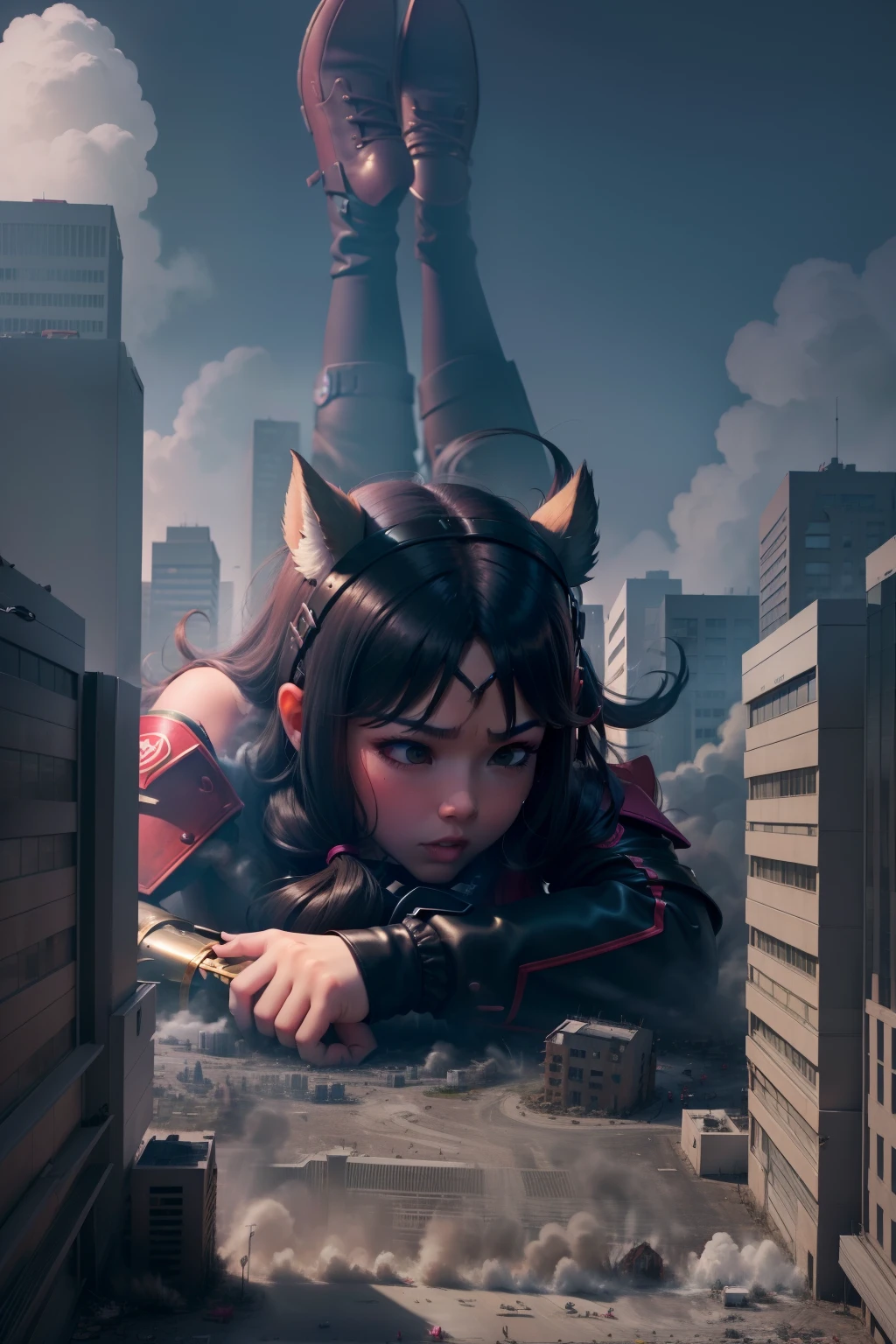 Super gimbo girl,jk,blacksilk,Lie on the ground and destroy the city,The expression is shy