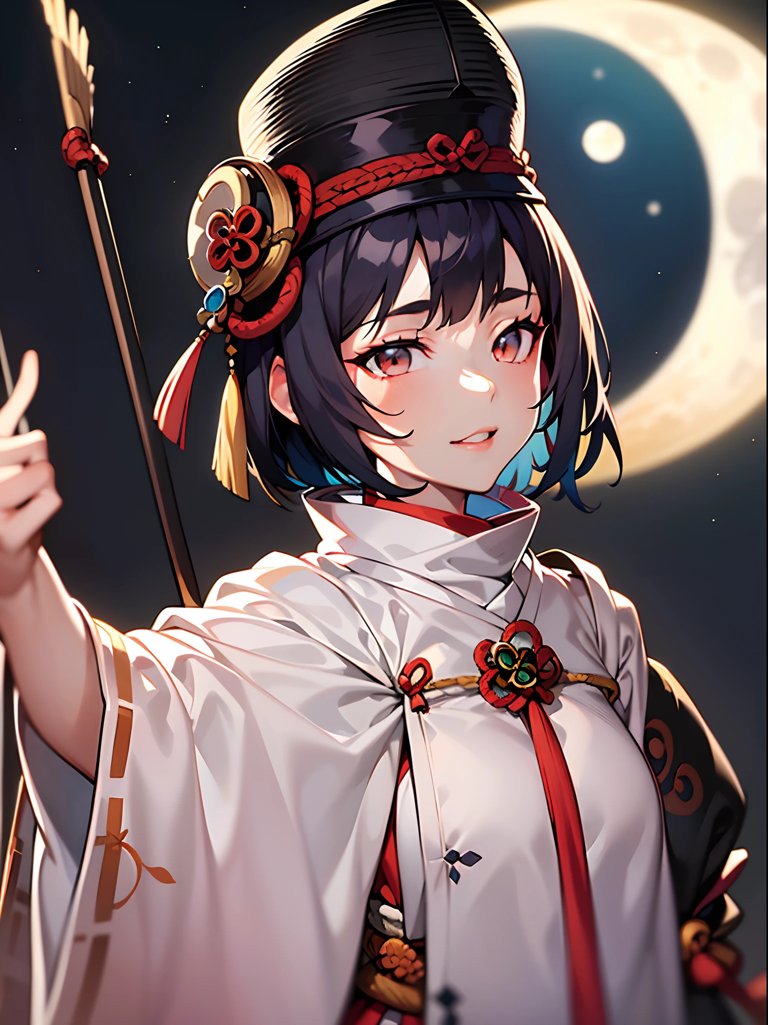 1girl in,((onmyouji)),((long tate eboshi)),(((One big round full moon))),Beautiful starry sky,((upper body)),(((from front))),nice hands, perfect hands