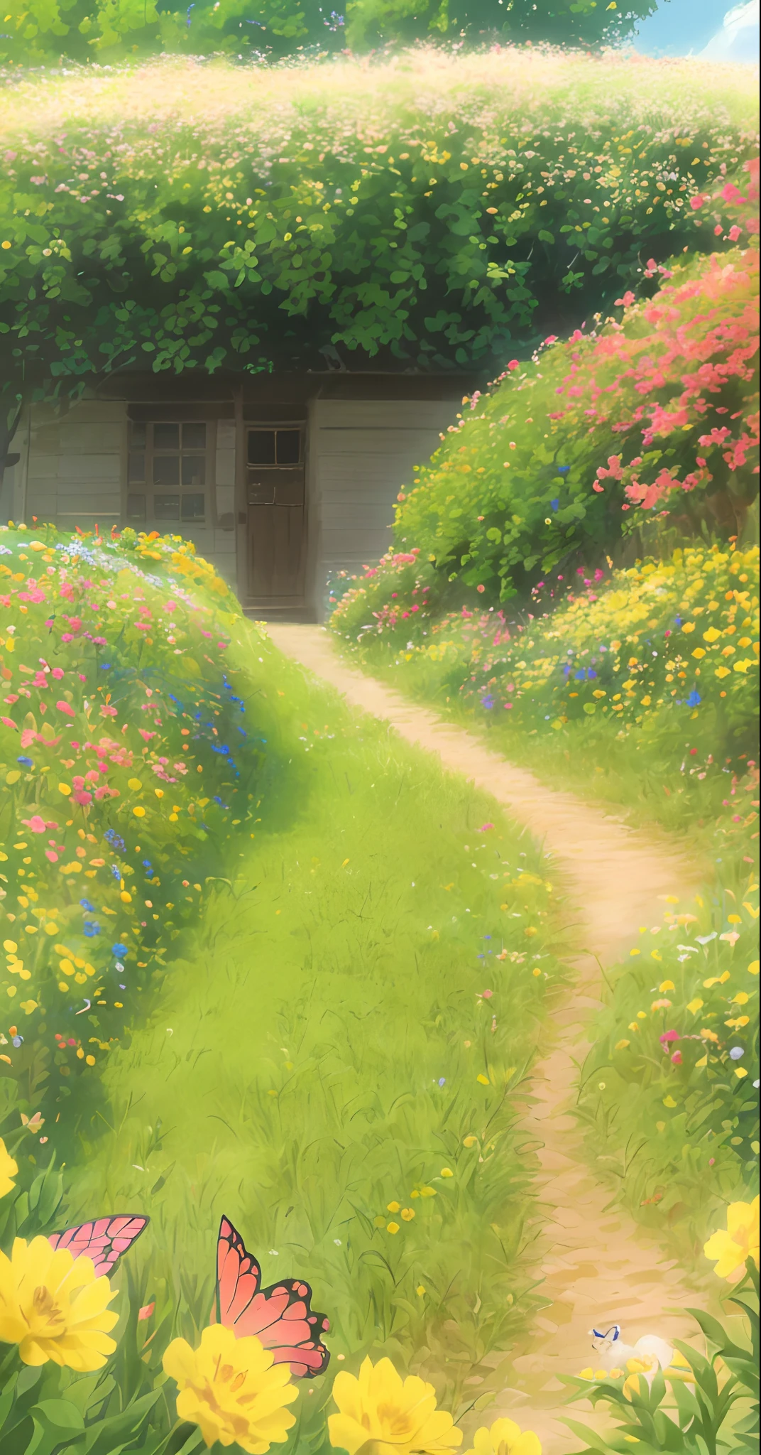 A charming little girl with a backpack is enjoying a cute spring outing surrounded by beautiful yellow flowers and nature with her cute puppy. The illustration is a high-definition illustration in 4k resolution with highly detailed facial features and cartoon-style visuals, (Butterfly Dance)