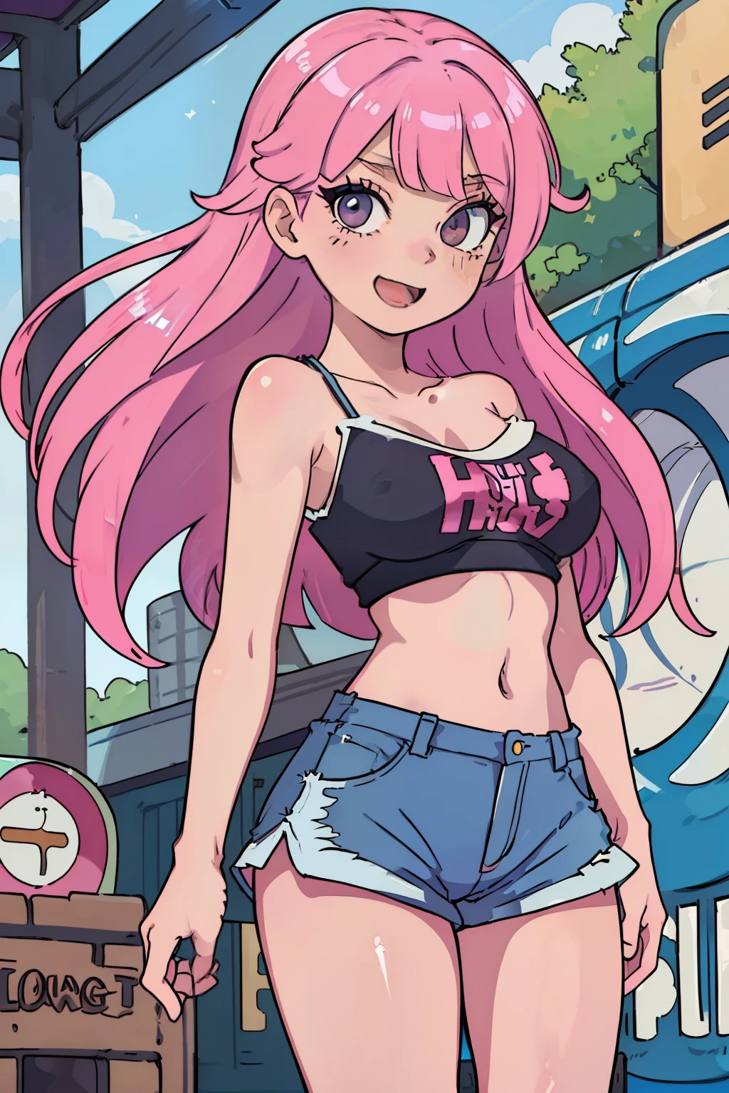 nsfw, Solo, girl with, Petite, child, , Lori, Pink hair, Long hair, Quirk hair, Intake of large amounts of hair, (shiny eyes:1.5), Blue eyes, Sleeveless, off shoulders, (Tube Top:1.5), (Hot Pants:1.5), Summer, Laughing, one eye closed, (Large breasts:1.2), (under the boobs:1.1), sagging breasts,