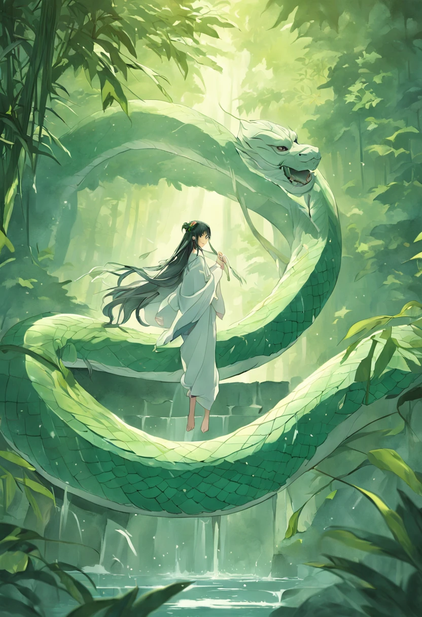 The Legend of the White Snake，The upper body is human，The lower body is a snake，Entangled with the green snake between the two of them，The sound of the bamboo forest，The waterfall is in the distance，ancient wind，China-style，SENSE OF CINEMA，photorealestic，3D