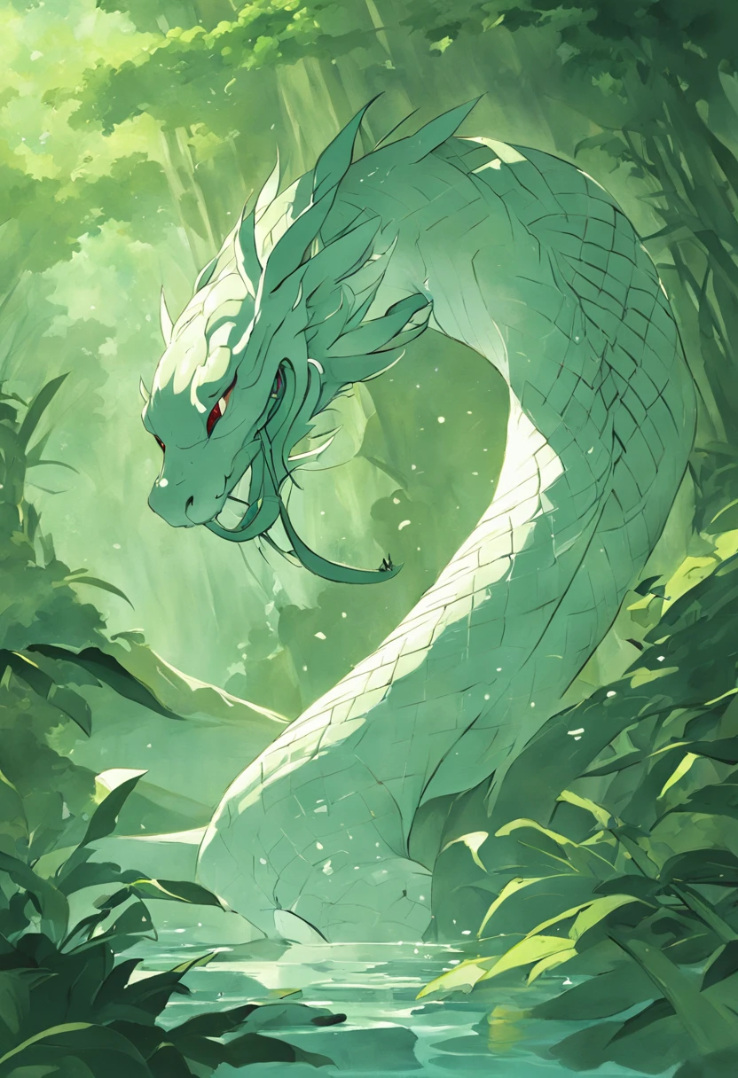 The Legend of the White Snake,The upper body is human,The lower body is a snake,Entangled with the green snake between the two of them,The sound of the bamboo forest,The waterfall is in the distance,ancient wind,China-style,SENSE OF CINEMA,photorealestic,3D