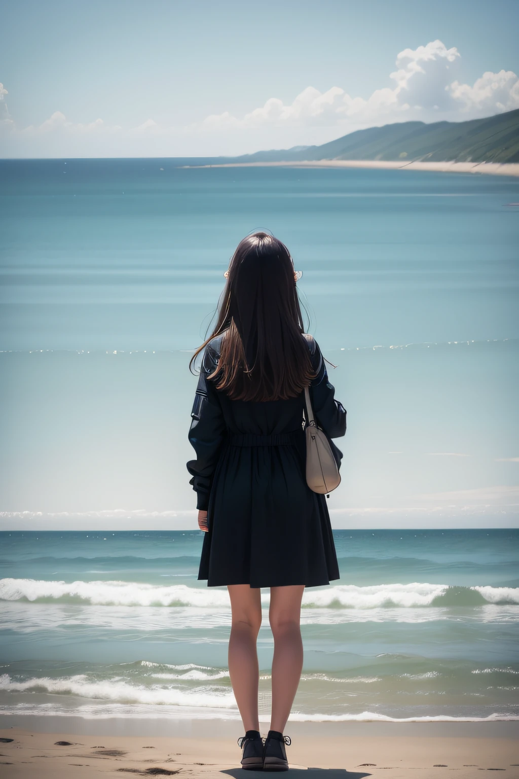 Photo of a girl standing towards the sea　Rear view