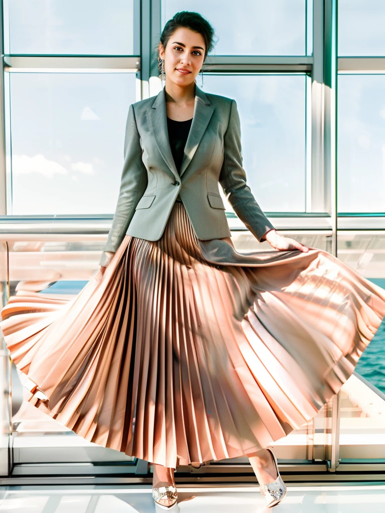 very good woman wearing a short blazer with a very very detailed (long (fully pleated) full circle skirt) and (simple) low heeled office shoes, very very intricate hyper-detailed symmetric (attractive graceful young feminine face) with (sad, tired eyes and a flirty smile), large breasts, full of empathy and compassion and love, (pronounced (feminine) features), (highly detailed ultra accurate realistic) hands and fingers, (windy conditions and wind blowing), epic composition, highly detailed attributes, highly detailed atmosphere, (35mm f1.4 Kodak portra 400 photograph), extremely high quality RAW photograph, (deep space travel),