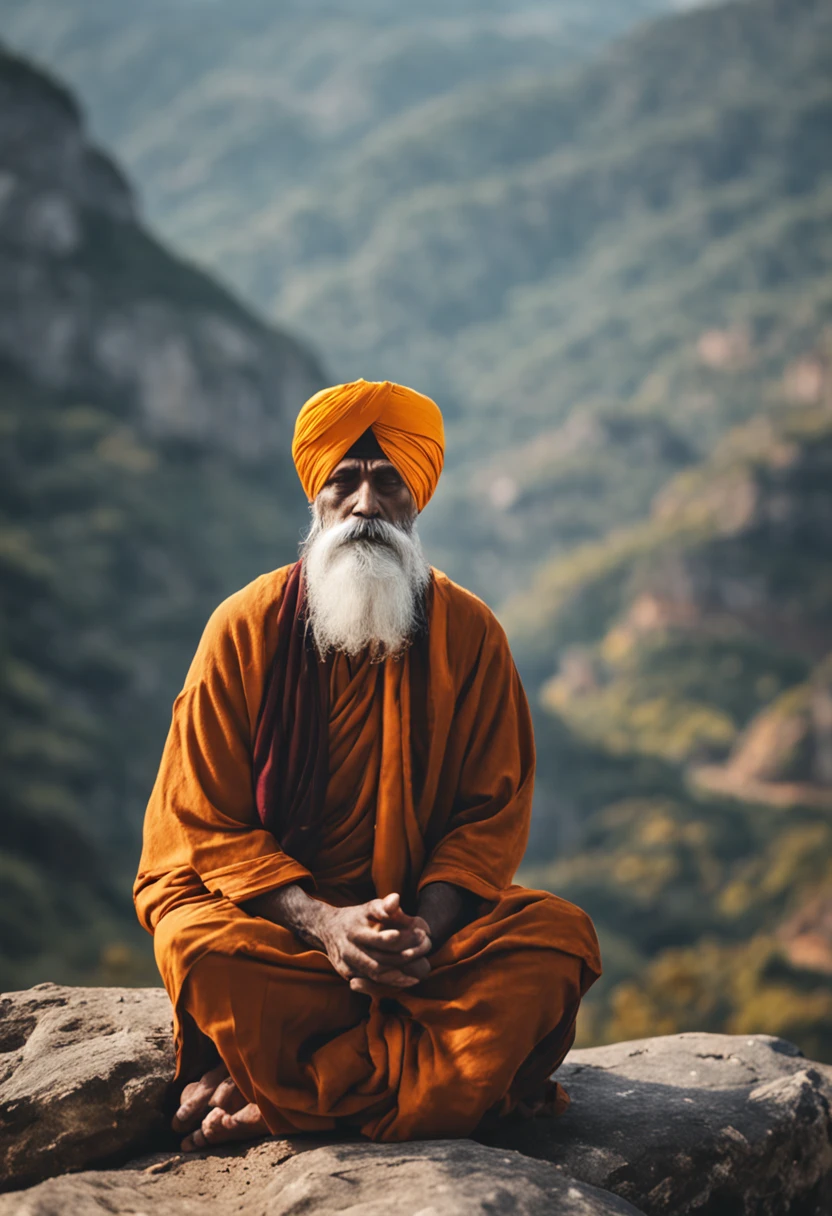 sikh sardar turban old man sitting on a rock in front of a mountain, white beard, monk meditation, Zen meditation, Taoist master, Buddhist monk meditation, holy man looking at ground, Taoist, Daoism, zen aesthetic, portrait of monk, Taoism, powerful zen composition, Meditating,