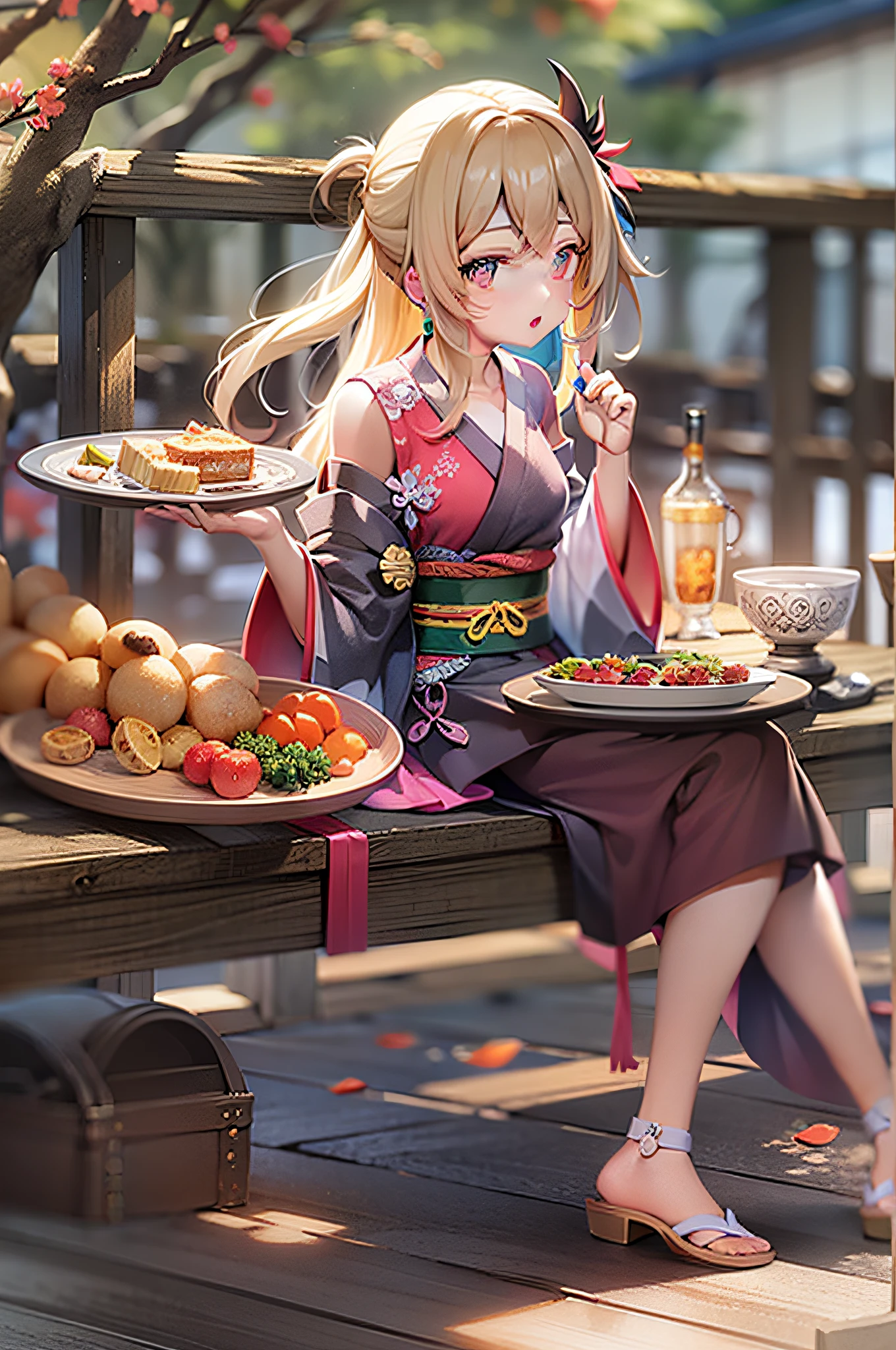 anime girl sitting on a deck with a plate of food, anime style 4 k, splash art anime loli, guweiz on pixiv artstation, guweiz on artstation pixiv, artwork in the style of guweiz, in a kimono, blonde anime girl with long hair, smooth anime cg art, ayaka genshin impact, rin