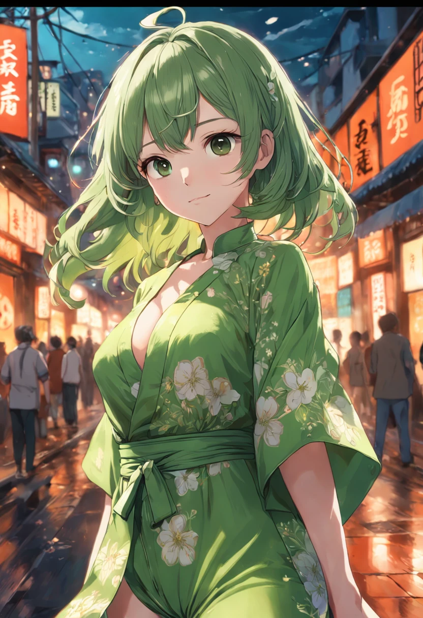 RAW photos, highest quality), (realistic, photorealistic: 1.3), highest quality, masterpiece, very delicate and beautiful, highly detailed, CG, unity, 2K wallpaper, wonderful, beautiful to detail, masterpiece, light smile, highest quality, highly detailed CG Unity 8k wallpaper, selfie photo, big tits, surrounded by the tree sakura, wears jumpsuit colour green tea batik suit