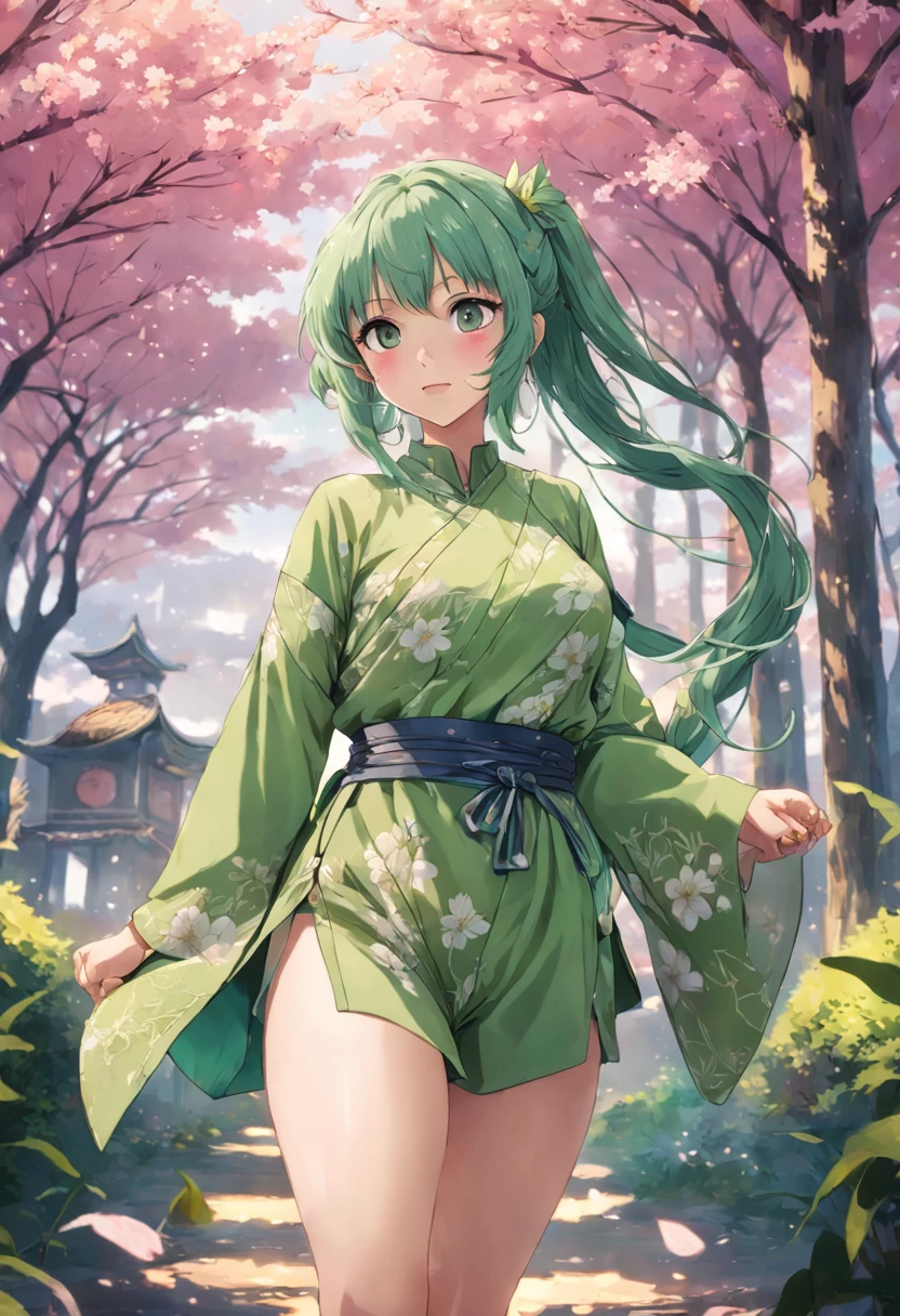 RAW photos, highest quality), (realistic, photorealistic: 1.3), highest quality, masterpiece, very delicate and beautiful, highly detailed, CG, unity, 2K wallpaper, wonderful, beautiful to detail, masterpiece, light smile, highest quality, highly detailed CG Unity 8k wallpaper, selfie photo, big tits, surrounded by the tree sakura, wears jumpsuit colour green tea batik suit
