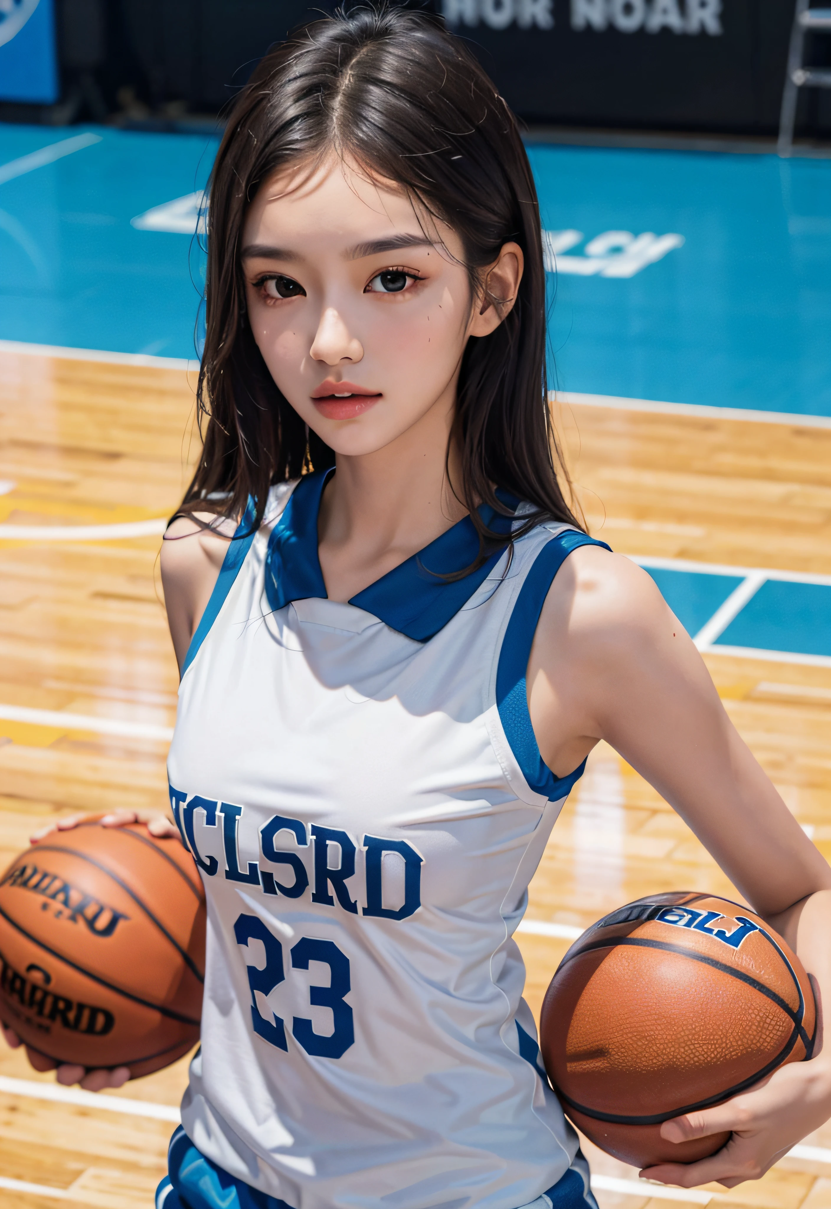 （8K， best qualtiy， tmasterpiece：1.2），A high resolution，1girll，real looking skin，Dynamic light and shadow,Sharp focus,depth of fields,The eyes are delicate,pupil realistic, Playful expression， wear basketball uniform，perfect bodies，Bigchest，at  basketball court，realisticlying, ultra - detailed, (shiny skins, perspired:1.4), looking at viewert,