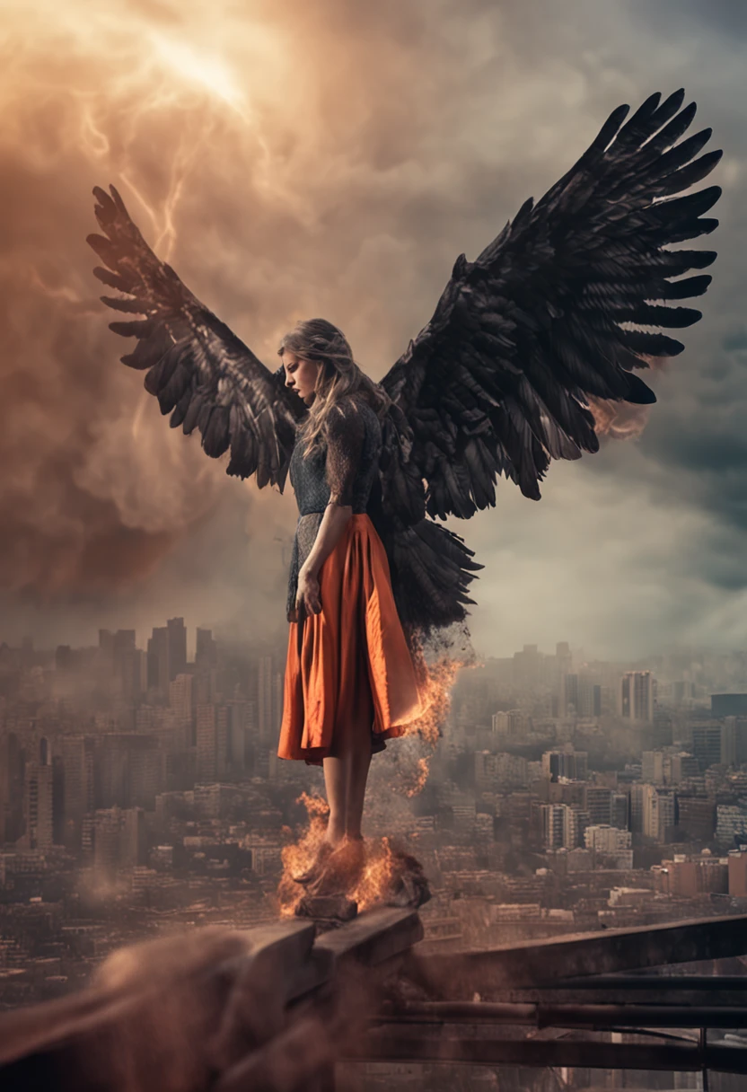 La mejor calidad, Obra maestra, ultrahigh resolution, (realistic photograph:1.4), surrealismo, dream-like,FusionArt, angel caido malvado femenino con alas enormes de fuego tirado en el suelo, en una ciudad apocaliptica en llamas, mirando a la camara, Magia de sombras, Control de la oscuridad, sigilo, Shadowstep, Hechizos de umbral, Cuchilla oculta,