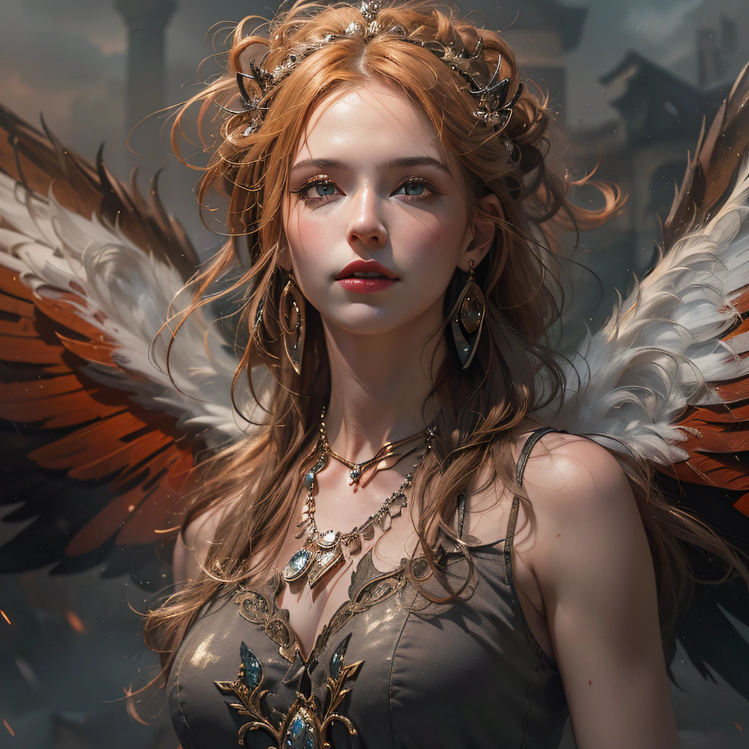 (Numerous award-winning masterpieces, with incredible detail, textures and maximum detail), (hyper realistic:1.4), (upper body up:0.4), (realistic:1.3), (best quality real texture skin), ((full-body standing image)), (finely detailed true circle Symmetrical eyes), (A finely drawn beautiful face), (decadent image: 1.5), (Aesthetic image: 1.5), lewd and seductive image, ((medieval world)), ((The Lord's Black Devil)), ((The Lord's White Devil)), (icy look in the eye), (She has a mischievous smile on her face), (Eyes that glow red in the dark:1.5), (many Devil dancing in the background), (Dramatic Light), (A majestic sight), (Her countenance is gentle and beautiful, but somehow terrifying), ((Large wings with feathers behind shoulders)), (Folded wings), Glass earrings on the ears, (((dramatic photo))), (twilight), (sunset), (dusk), (Seducing Pose), (dramatic pose), (golden hair), (silver hair), (chestnut hair), Short cut hair, ((Full-length portrait)), ((looks up)), ((looking down)), (Around her neck is a simple necklace of exquisite workmanship), (Swirling flames), (Swirling lightning), (swirling ice and snow), ((gives full-body standing image)), Old ruins infested with plants, great temple, great cathedral, temple ruins, detached temple, Luminous magic circle, Ruins of an ancient castle, Deserted ruins, crumbling ruins, Ancient ruins with clear water, wavelets, running water, Shining majestic cloud masses and sky, lightning bolt, epic realistic, ((neutral colors)), (hdr:1.5), (muted colors:1.2), hyper detailed, cinematic, warm lights, dramatic light, (intricate details:1.1), complex background,
