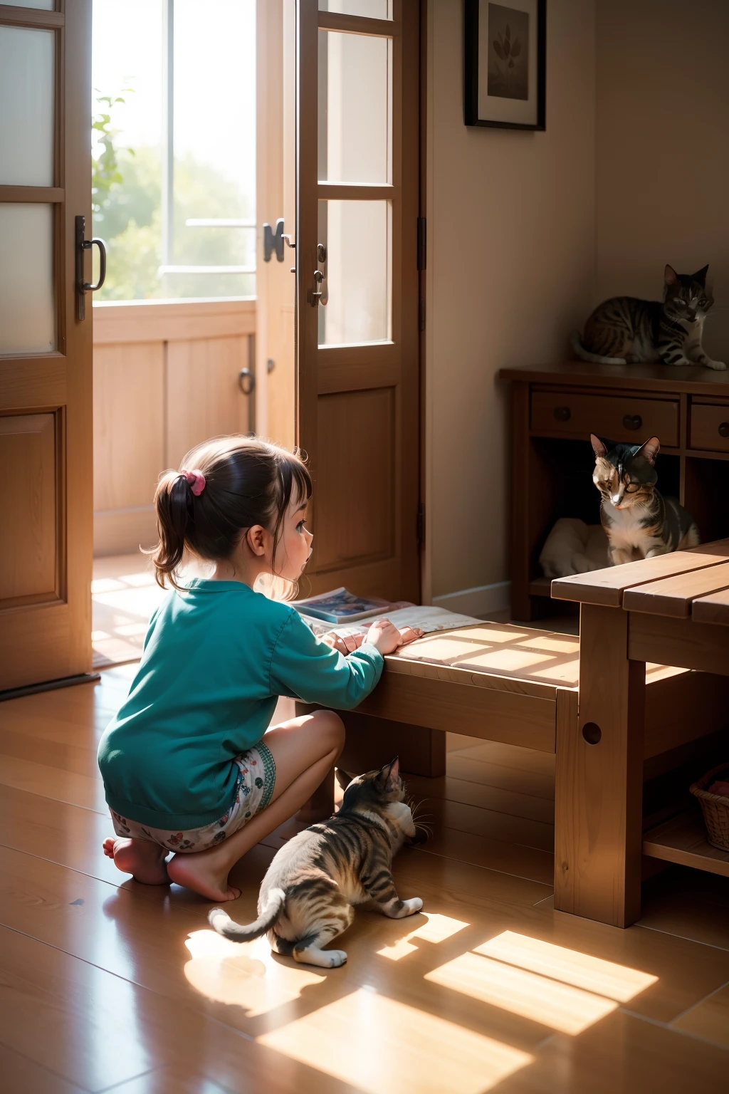 in a house Dogs and cats two children Playing Bright image