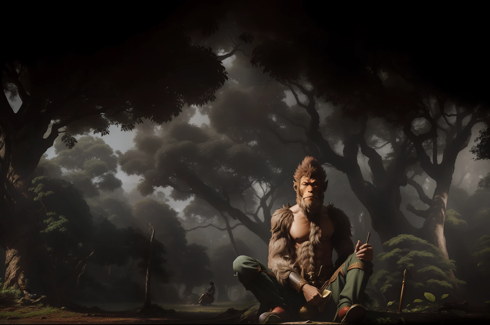 Portrait of Wukong, wearing light armour, sitting and resting under a tree. Light filtering through the trees.