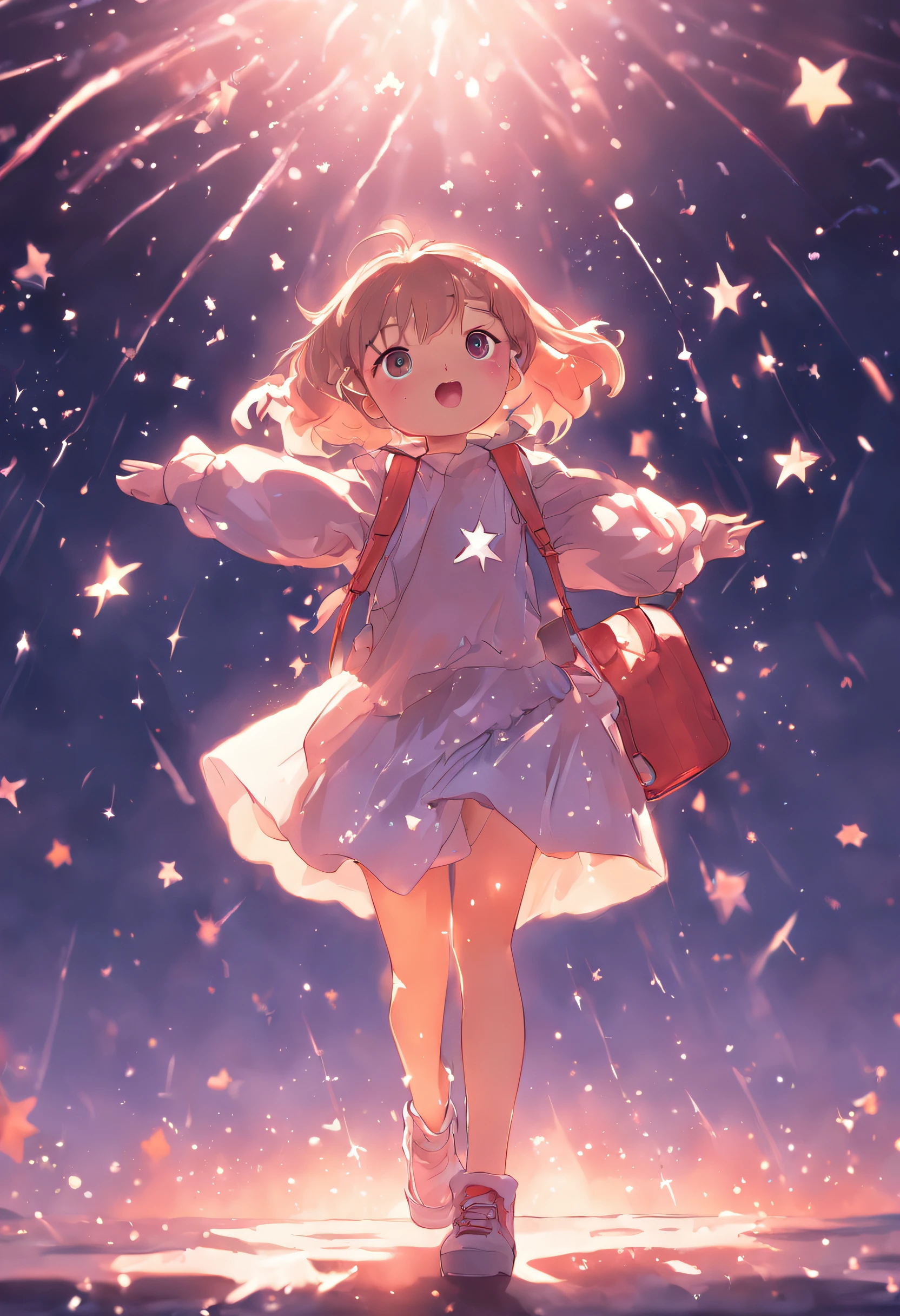 Stars shine，Colorful，Lolita style clothing，Cartoon small backpack，teens girl，Holding the bear cub，Clumsy jumps，Cute and cute，KIDS ILLUSTRATION，Glow effects，Dingdall effect，depth of fields，high light，Real light，Ray traching，oc rendered，Hyper-realistic，best qualtiy，8K，Works of masters，super-fine，Detailed pubic hair，Correct anatomy，sharp focus on eyes，Bokeh，Facial features are carefully depicted