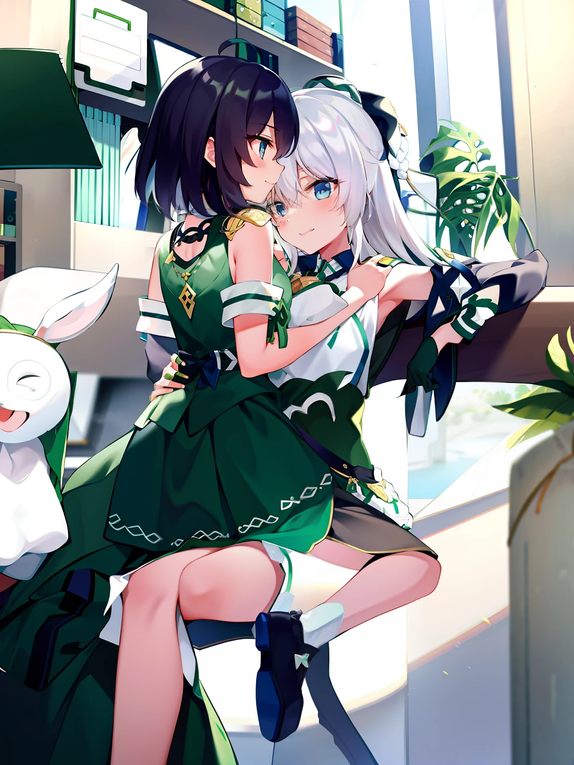 2 girl, white and green