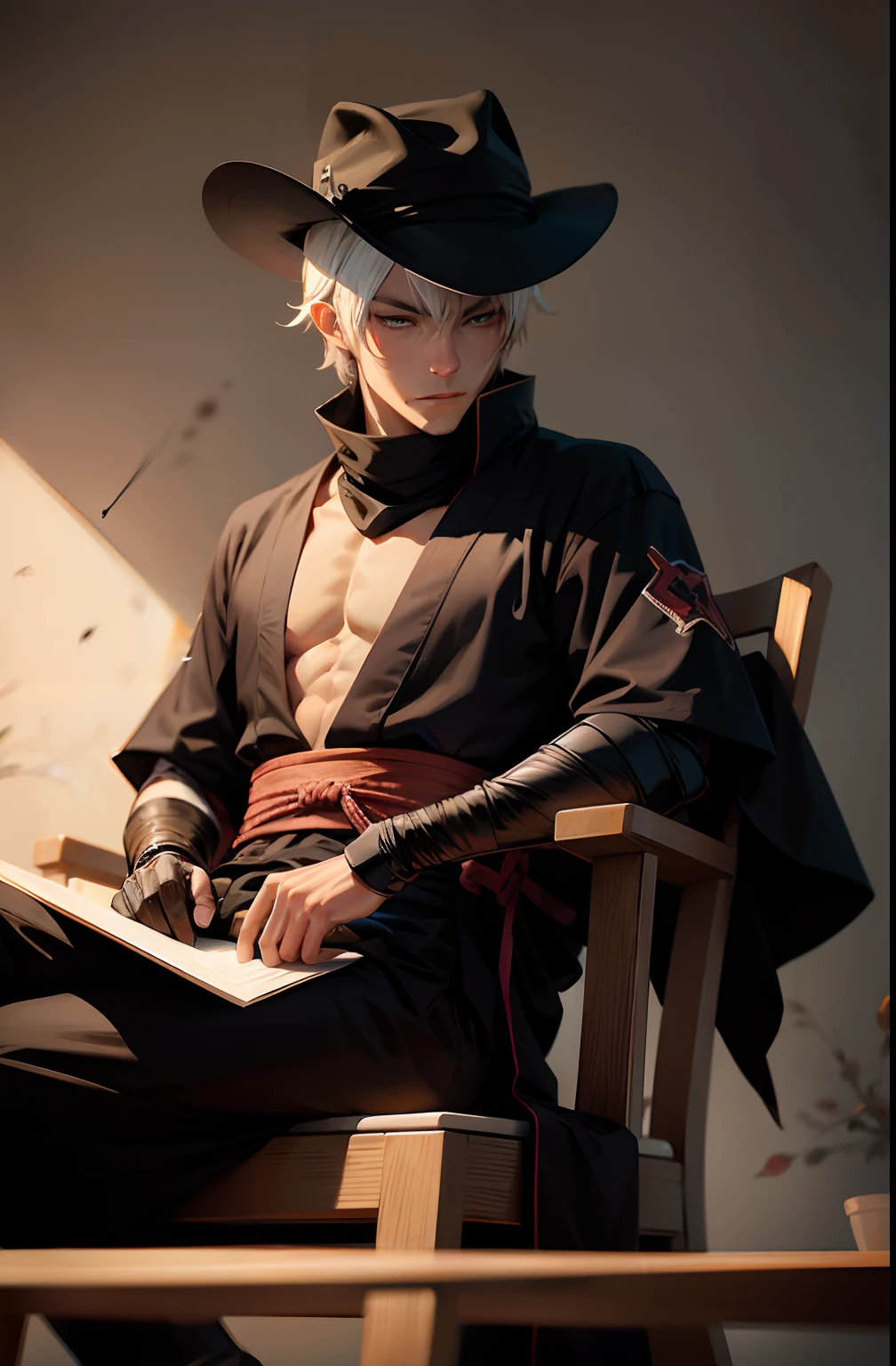 There was a handsome man sitting in a chair,he's wearing a hat,Took a handsome anime pose。He is a handsome guy from Yang J's Demon Slayer Art,was a thin but young male alchemist。He is a handsome Japanese demon boy,Also an alchemist in skinny boy fantasy。He is from Genshin Impact,It is the work of the author Yang Jin。The work is in the Guwiz style,It is one of the best art stations in fan art。