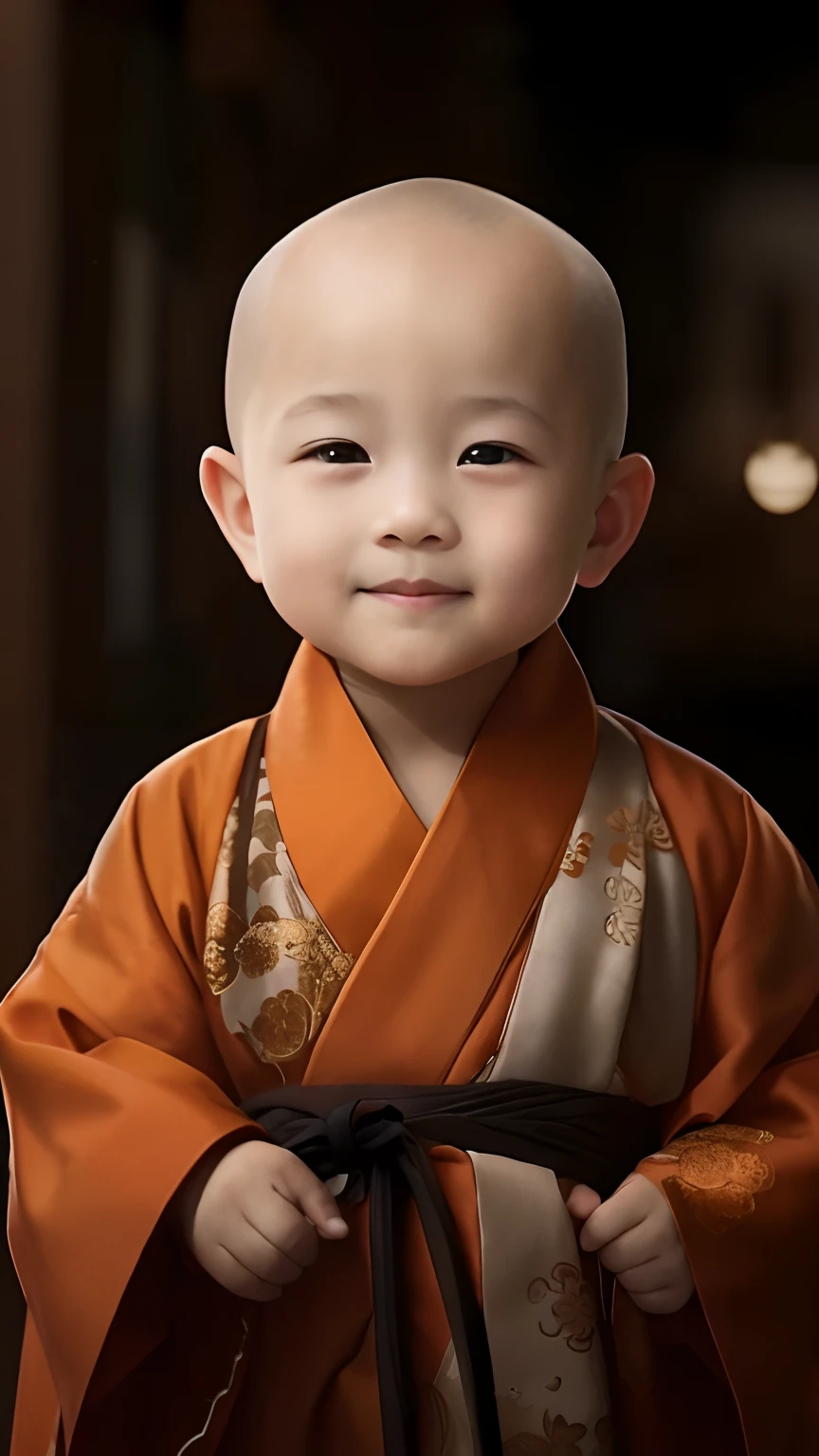 Close-up of a bald child in a robe, lovely digital painting, monk clothes, ancient japanese monk, high quality portrait, buddhist monk, portrait of monk, Buddhist, monk, wearing brown robes, Portrait shooting, cute portrait, 2 1 st century monk, dressed in simple robes, Cute boy, Innocent smile, Chinese traditional, Yan, wearing a long flowing robe