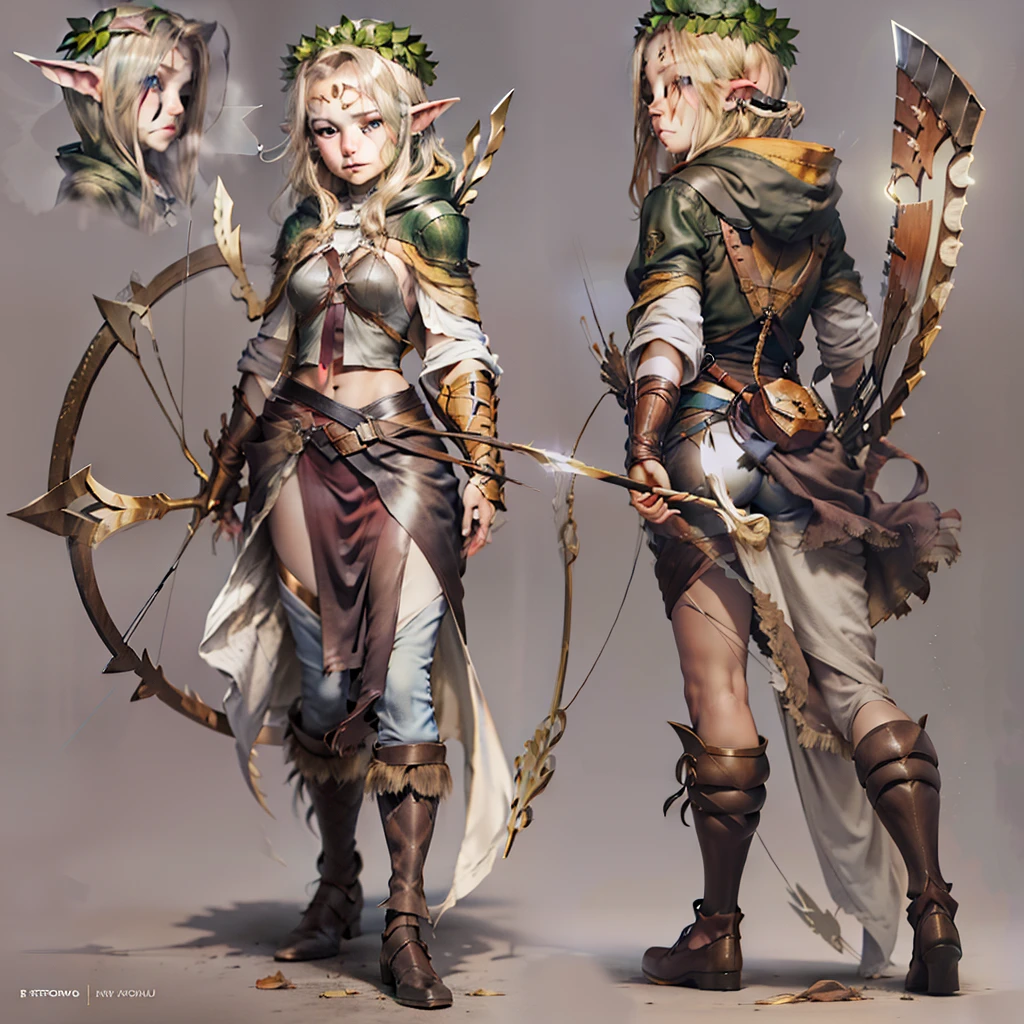 the elf, femele, forest backgrou, Ranger, Armed with a bow and arrow, The expression is serious, light brown hair, light brown hair, hair over one eye, hood, amber eyes, pointy ears, pointy ears, backlighting, reference sheet