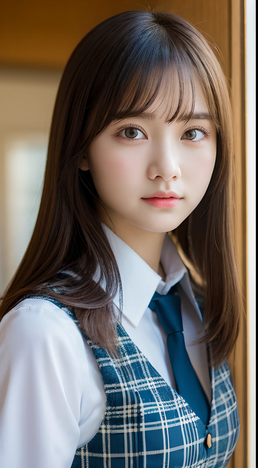 tmasterpiece，top-quality，offcial art，Highly detailed CG Unity 8K wallpapers，female high-school student，Very delicate beautiful，超A high resolution，（realisticlying：1.4），Golden Hour Lighting，（full body Esbian），in class room，（Platinum Shorthair：0.8），（Pretty eyes），looking at viewert，facing front，Twin-tailed hair, ssmile，JK Skirt（Plaid），Petite bust，high-school uniform，neck tie， closeup cleavage， tmasterpiece， best qualtiy， RAW photogr， realisticlying， faces， incredibly absurd res， depth of fields， hight resolution， ultra - detailed， finedetail， Very detailed， extremely detailed eye and face， Sharp pupils， pupil realistic， tack sharp focus， cinmatic lighting