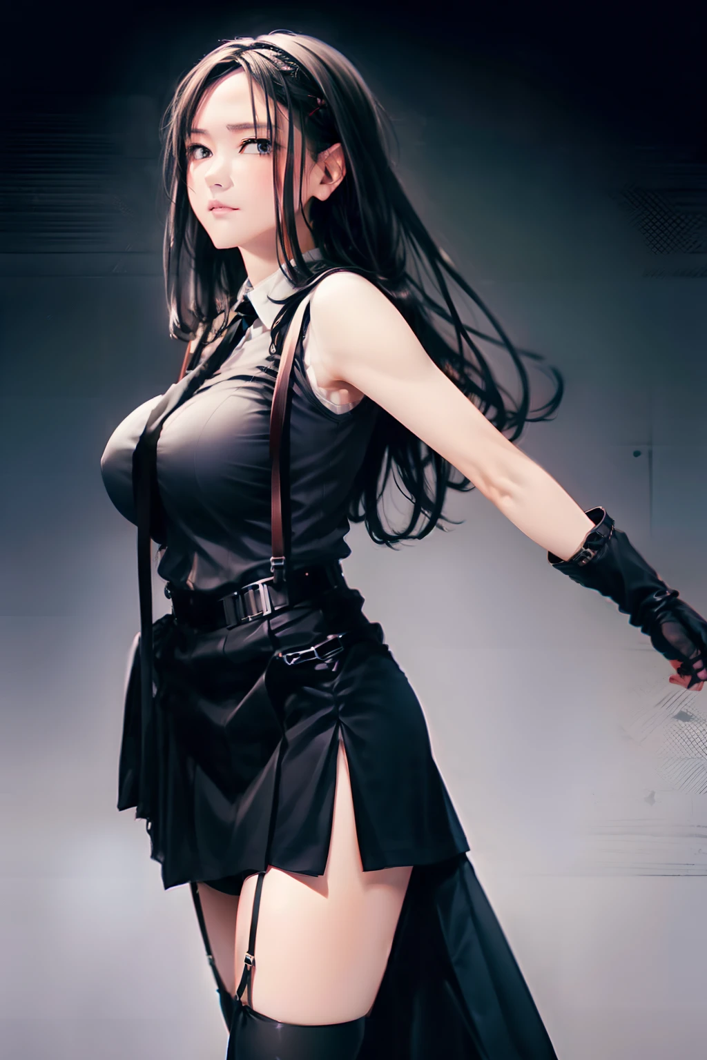 a black skirt, neck tie, Tank tops　suspenders, Long Black Hair, Gray eyes, holster, Garter belt on the legs, , Big breasts, Pichi Pichi clothes, both sides　deadpan　Behind