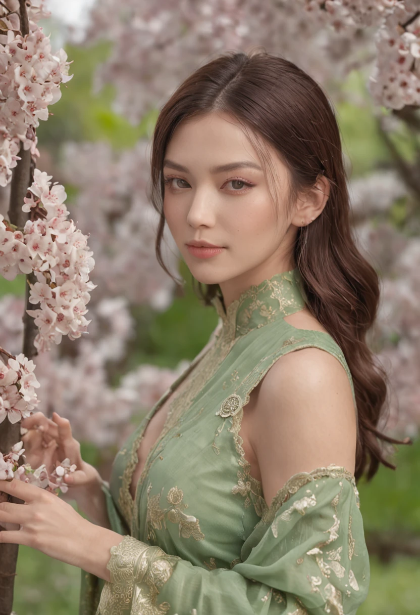 RAW photos, highest quality), (realistic, photorealistic: 1.3), highest quality, masterpiece, very delicate and beautiful, highly detailed, CG, unity, 2K wallpaper, wonderful, beautiful to detail, masterpiece, light smile, highest quality, highly detailed CG Unity 8k wallpaper, selfie photo, big tits, surrounded by the tree sakura, wears jumpsuit colour green tea batik suit