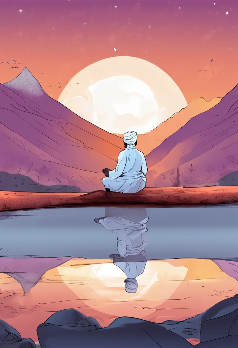 best quality, masterpiece, very detailed, detailed background, anime, 1 old Sardar turban man , long white beard, character taking up 1/10 of the frame, hands down, white punjabi kurta, blue denim trousers, Mount everest, outdoor, sunset, beautiful sky, picnic on lake, landscape, landscape, horizon, mountain sitting near mountains, wind, petals, looking away, atmospheric lighting, focus alone, close up, back, depth of field, bokeh