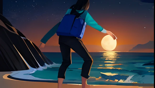 a beauty girl,sea beach,the night,themoon