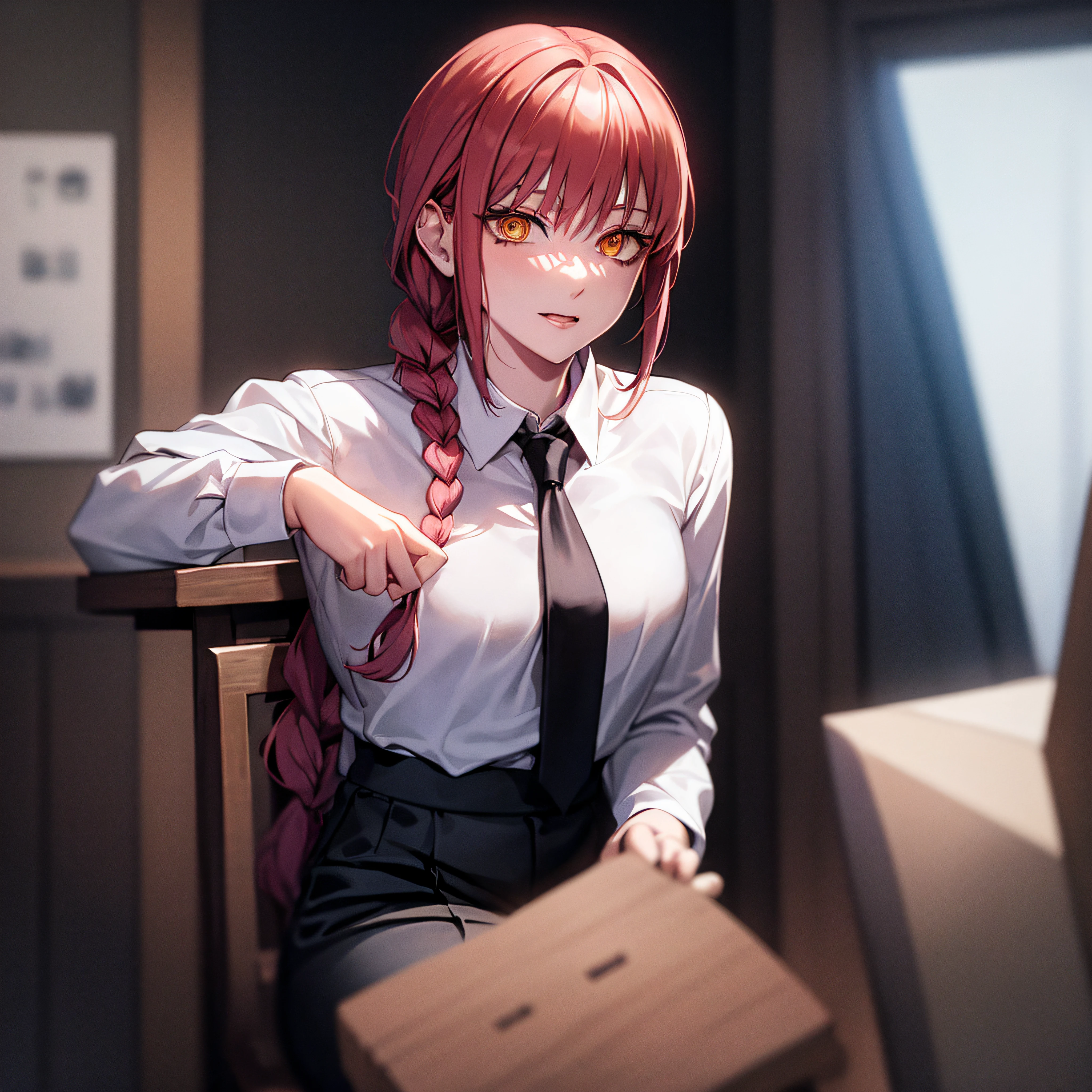 anime girl with red hair and tie sitting on a chair, painted in anime painter studio, realistic anime artstyle, made with anime painter studio, smooth anime cg art, (sfw) safe for work, from girls frontline, detailed digital anime art, digital anime illustration, photorealistic anime girl render, realistic anime 3 d style, fine details. girls frontline