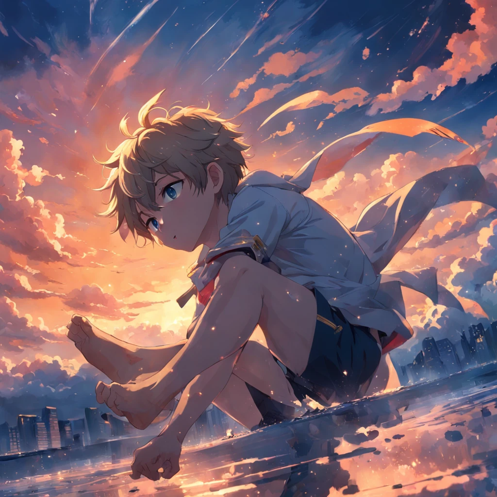 tmasterpiece，best qualtiy，cinematic Film still from，1boy，​​clouds，Floating in the sky，closeup cleavage，brightly，cheerfulness，Warm and soft lighting，the sunset，（spark of light：0.7）