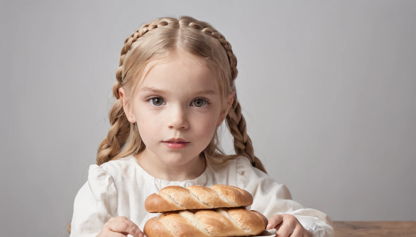 Blonde child girl long hair braids , There is a plate of food with bread, mortadela e queijo e uma bebida,