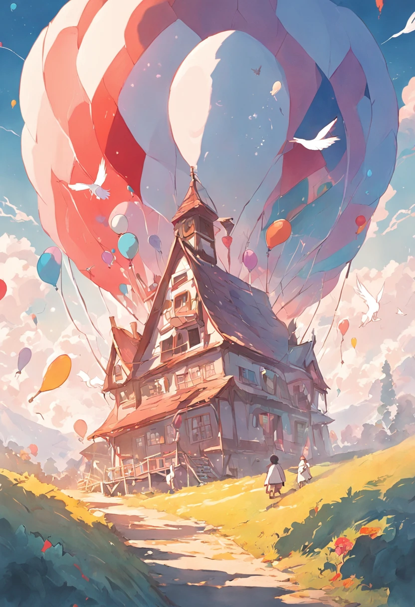 The big white bird carries a small house and flies in the air，The small house is covered with balloons，At the window of the small house, a child leans out and looks out，Howl's moving castle style，extremely colorful，Bright shades