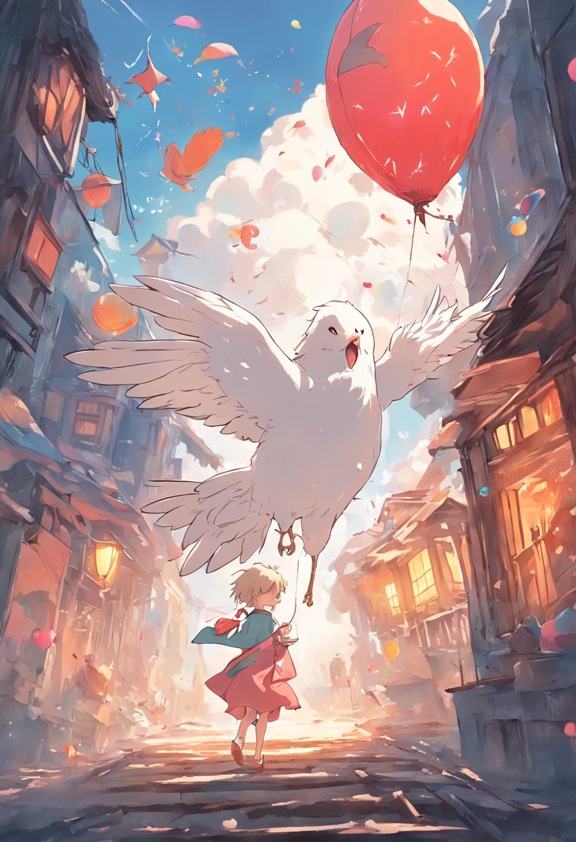 The big white bird carries a small house and flies in the air，The small house is covered with balloons，At the window of the small house, a child leans out and looks out，Howl's moving castle style，extremely colorful，Bright shades