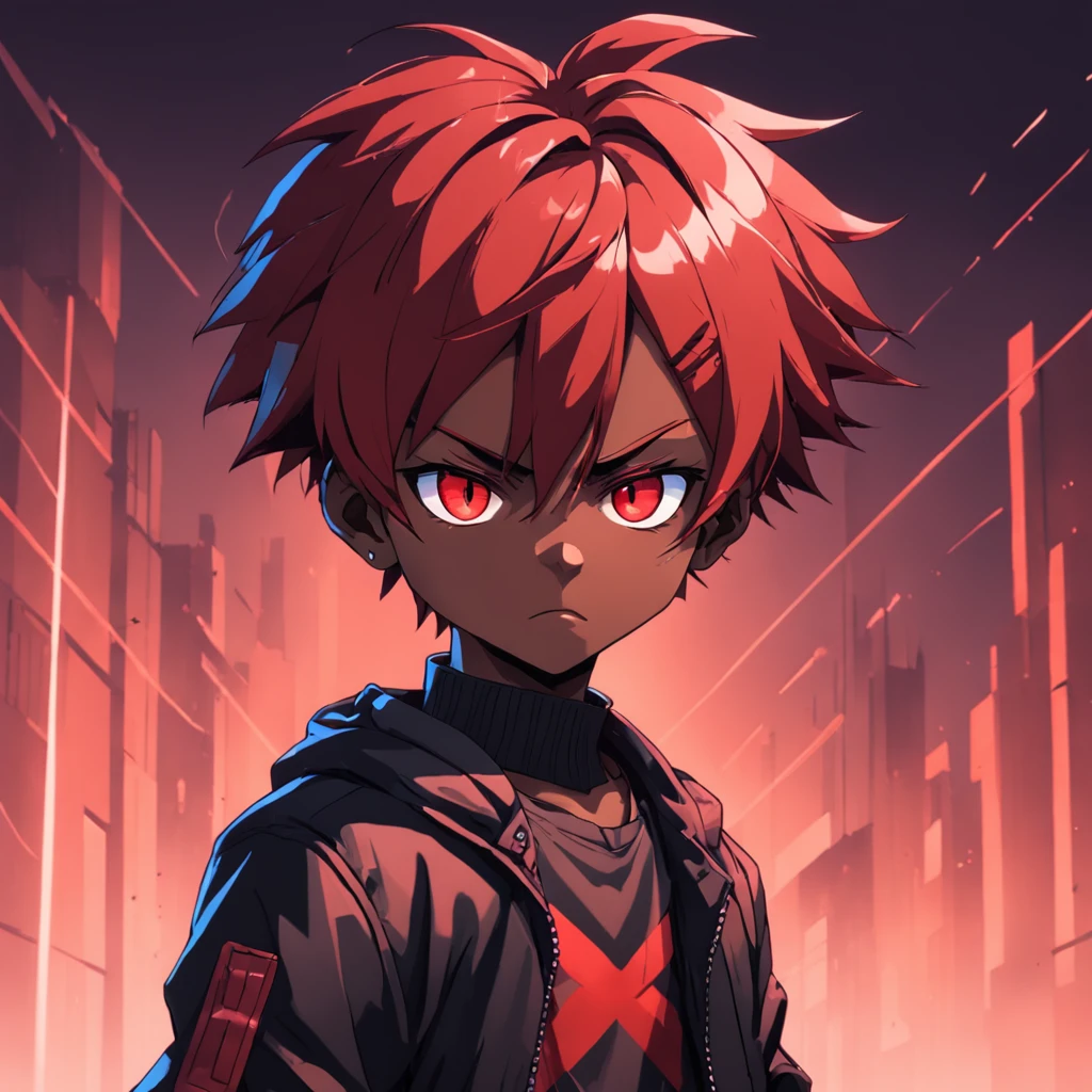 (masterpiece, top quality, best quality), pixel,pixel art,1boy,full body, cyber jacket,black skin young boy, one eye color red , red color hair, short hair, angry face, male