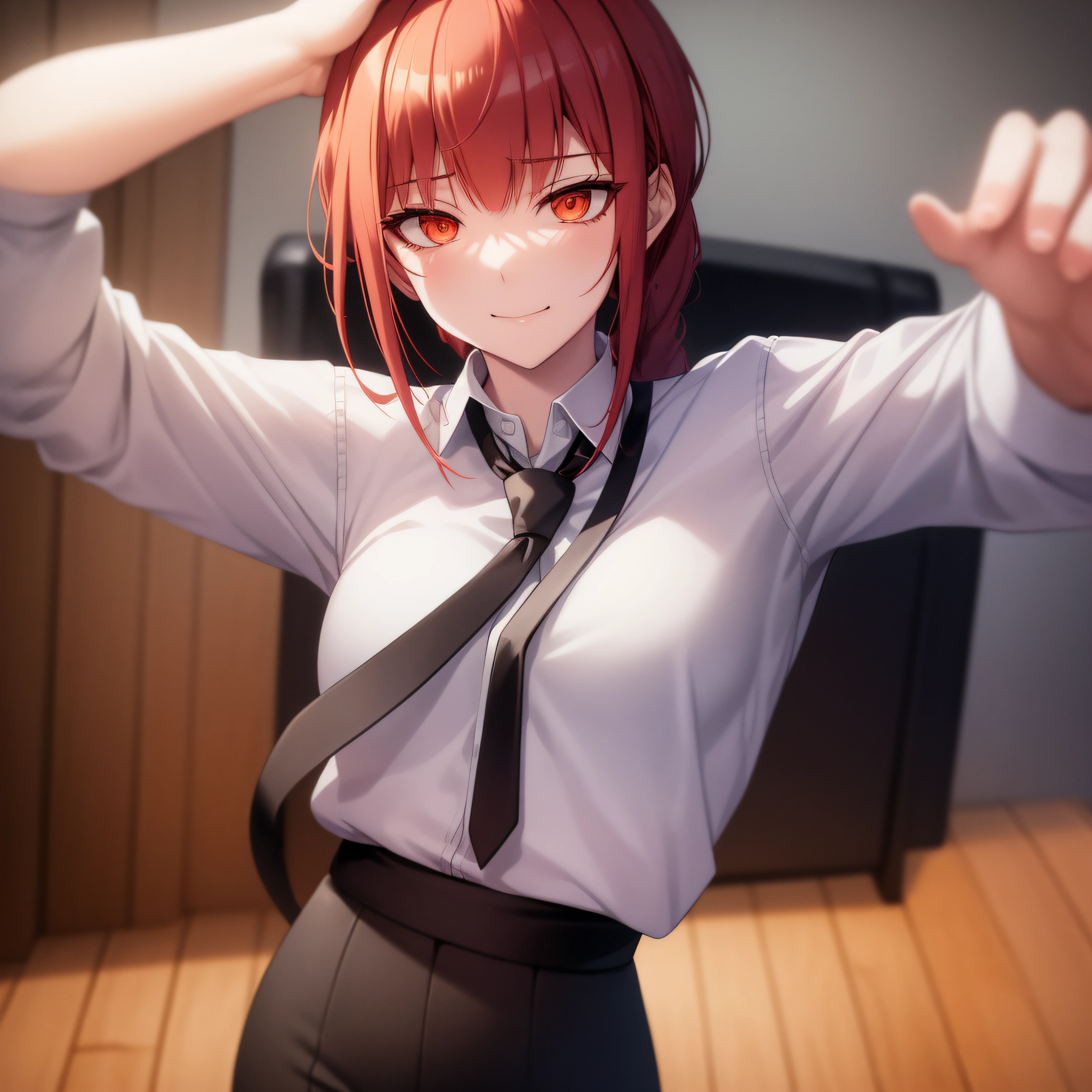 anime girl with red hair and tie posing for a picture, smooth anime cg art, fine details. girls frontline, seductive anime girl, from girls frontline, anime moe artstyle, photorealistic anime girl render, rin, makoto shinka, girls frontline cg, asuka suit under clothes!, dramatic smirk pose, hyperrealistic schoolgirl, render of april