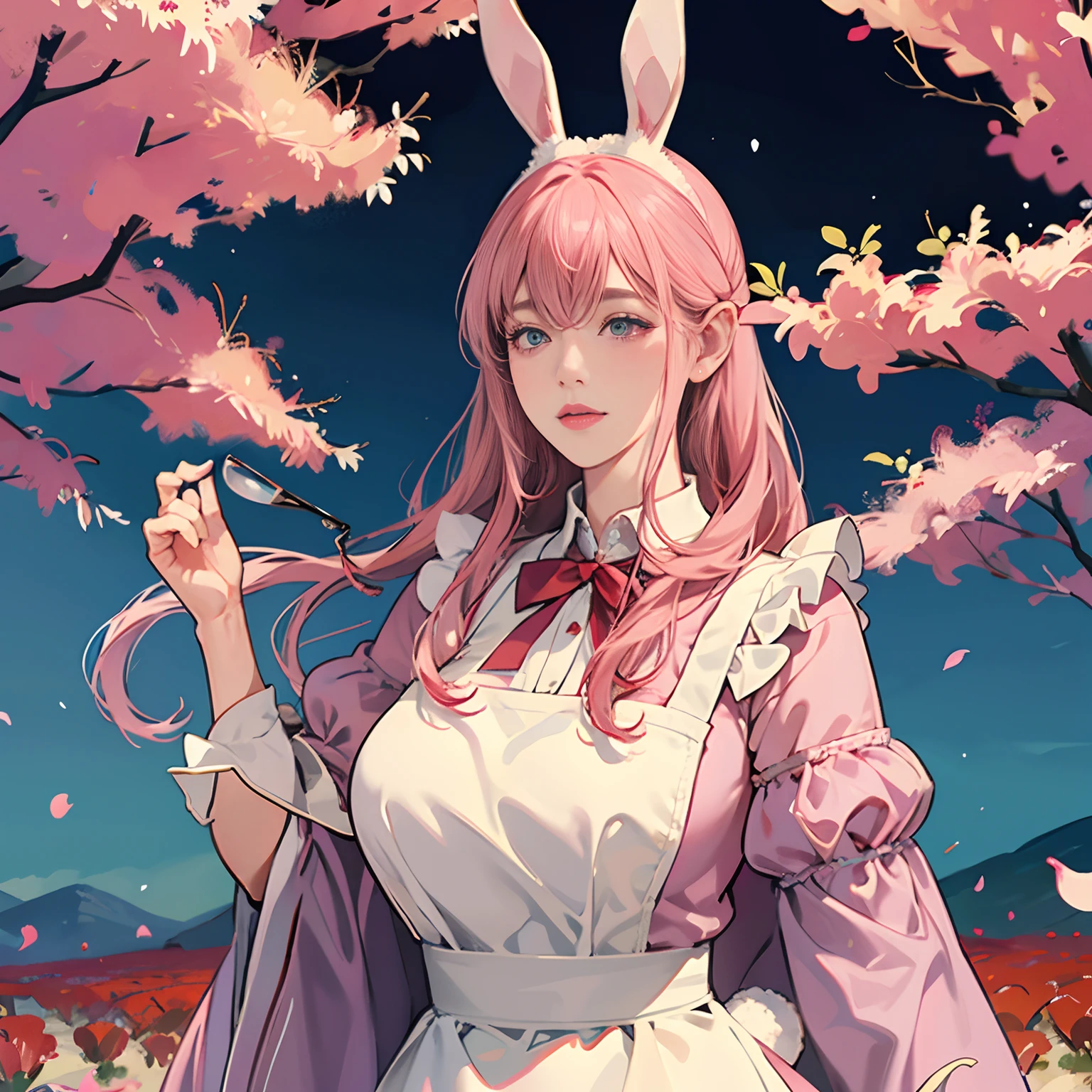 Women in Their 20s, Fantasia、offcial art, unity 8k wall paper, ultra-detailliert, beautifly、Aesthetic, ​masterpiece, top-quality, Photorealsitic、Rabbit eared clan、A pink-haired、Rabbit ears、Horan Drop、Lop Ear、Lop-eared rabbit:2.0、Flabby ears、Rimless glasses、Bunching hair、frilld、Apron Dresses、Red ribbon at chest、depth of fields, Fantastic atmosphere, Calm palette, tranquil mood, Soft shading、Beautiful Landscapes、bbw、very large breast、plump figure、Vegetable field、Harvesting vegetables、Name tag on left chest