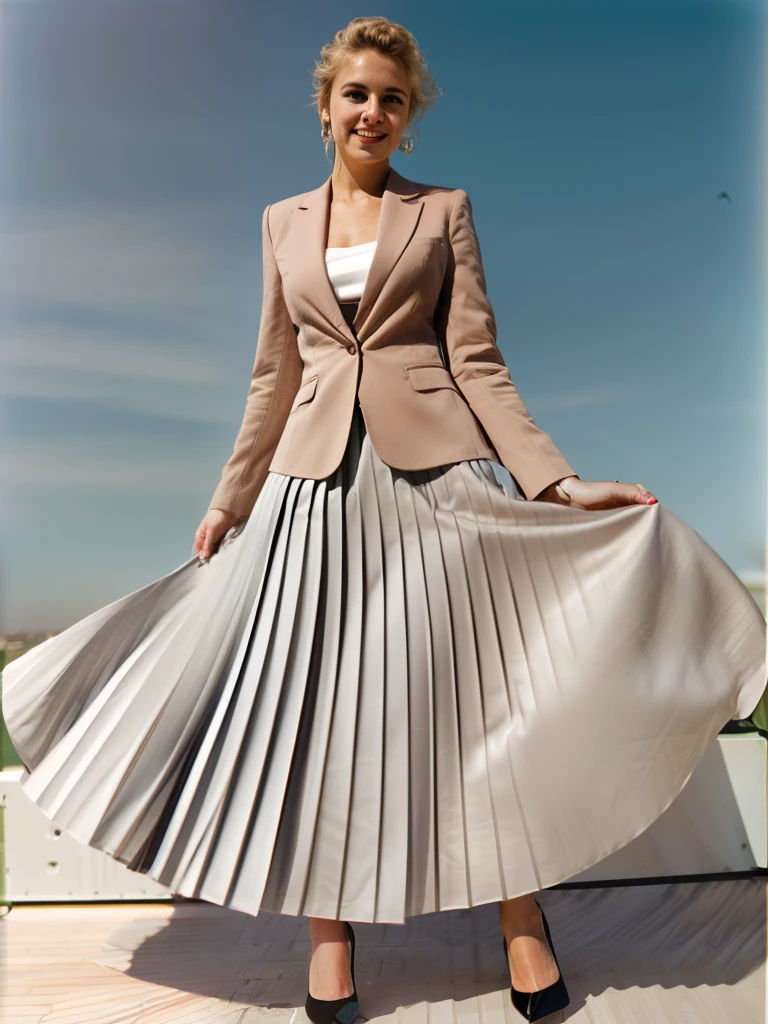 very (shy smiling:1,1) good woman wearing a short blazer with a very very detailed (long (fully pleated) full circle skirt) and (simple) low heeled office shoes, very very intricate hyper-detailed symmetric (attractive graceful young feminine face) with (sad, tired eyes and a shy smile), large breasts, full of empathy and compassion and love, (pronounced (feminine) features), (highly detailed ultra accurate realistic) hands and fingers, (windy conditions and wind blowing), epic composition, highly detailed attributes, highly detailed atmosphere, (35mm f1.4 Kodak portra 400 photograph), extremely high quality RAW photograph, (deep space travel),