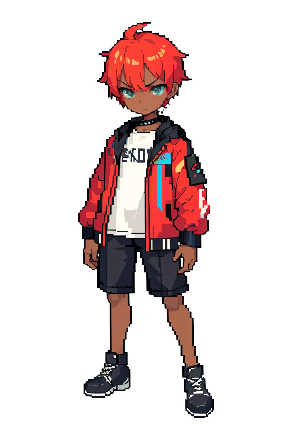 (masterpiece, top quality, best quality), pixel,pixel art,1boy,full body, cyber jacket,black skin young boy, one eye color red , red color hair, short hair, angry face, male