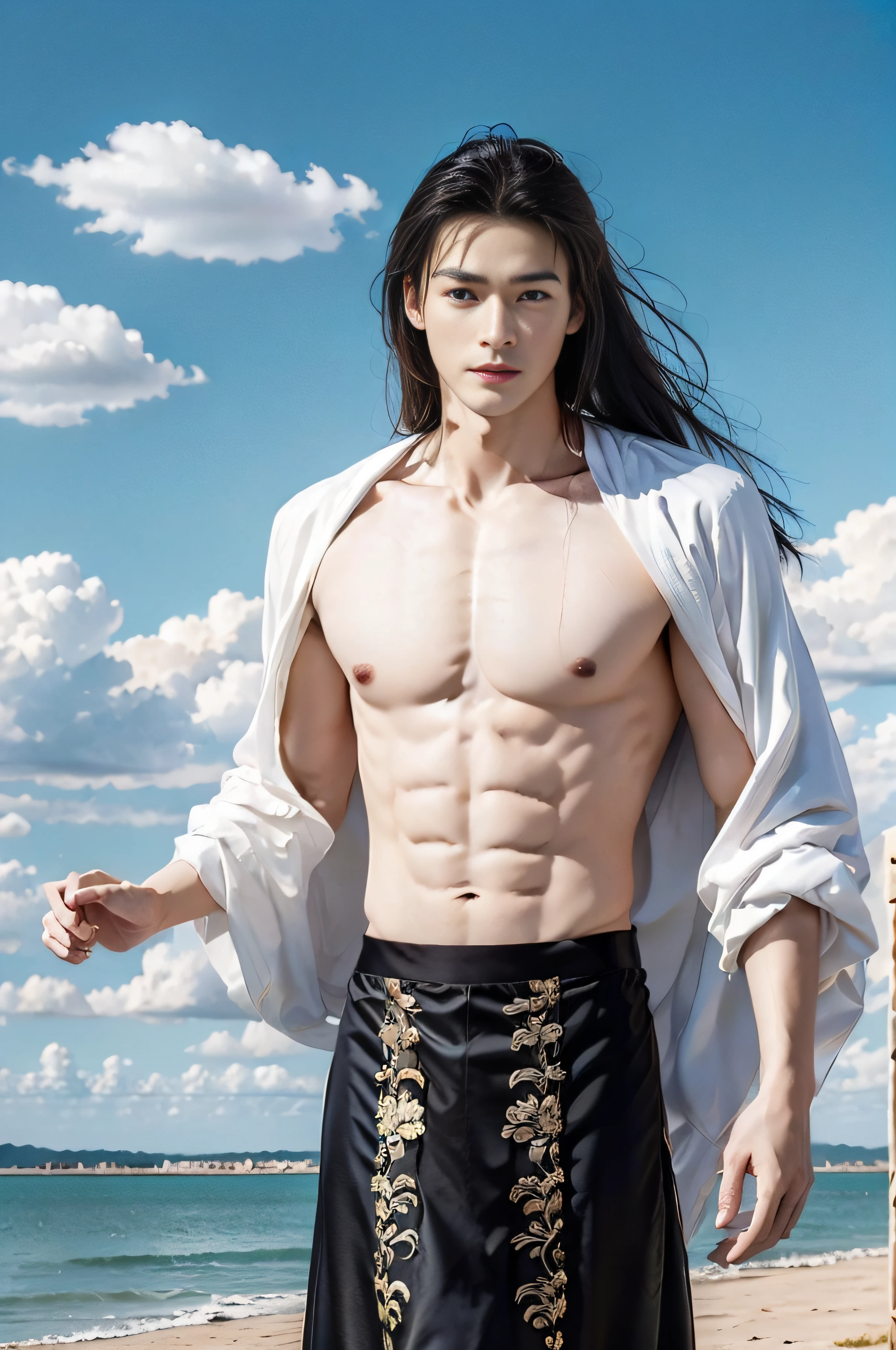 Masterpiece,Best quality,A high resolution,Gufeng Boy,Upper body,Abs, chest muscle,Open the tulle coat,Flying fish skirt